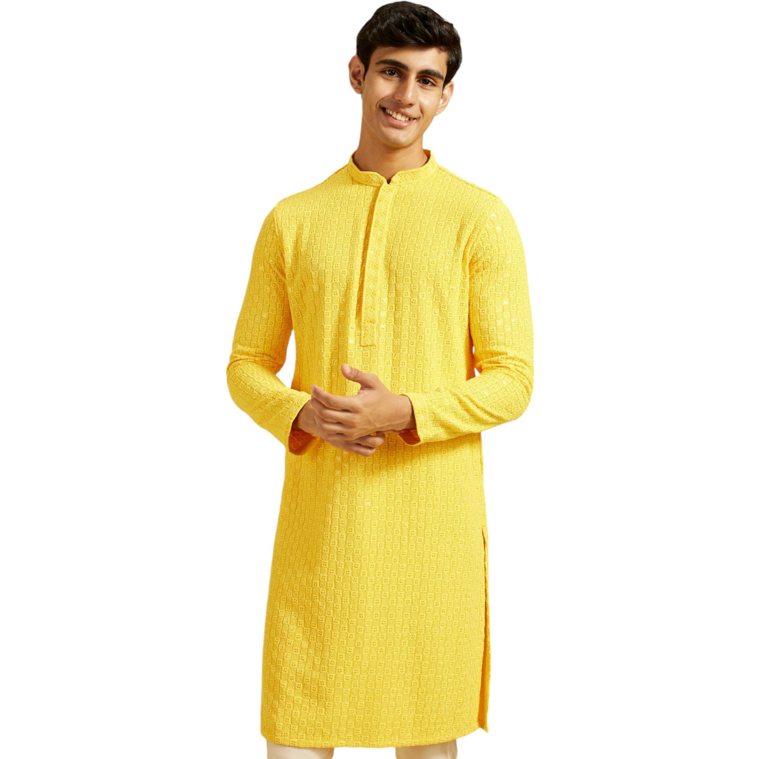 Diwas By Manyavar Men's Viscose Embroidery|Sequin Work Kurta (Yellow,Xl)