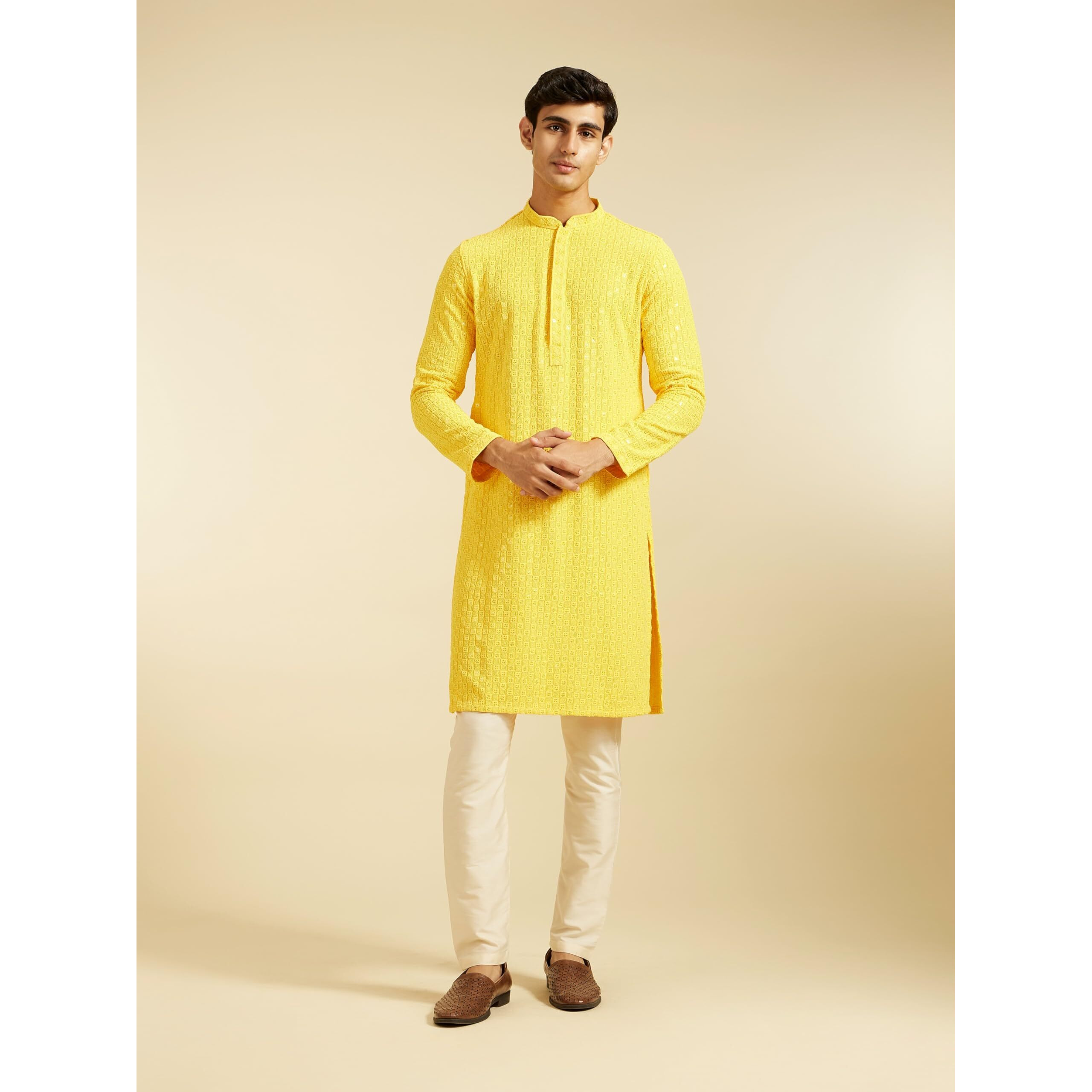 Diwas By Manyavar Men's Viscose Embroidery|Sequin Work Kurta (Yellow,Xl)