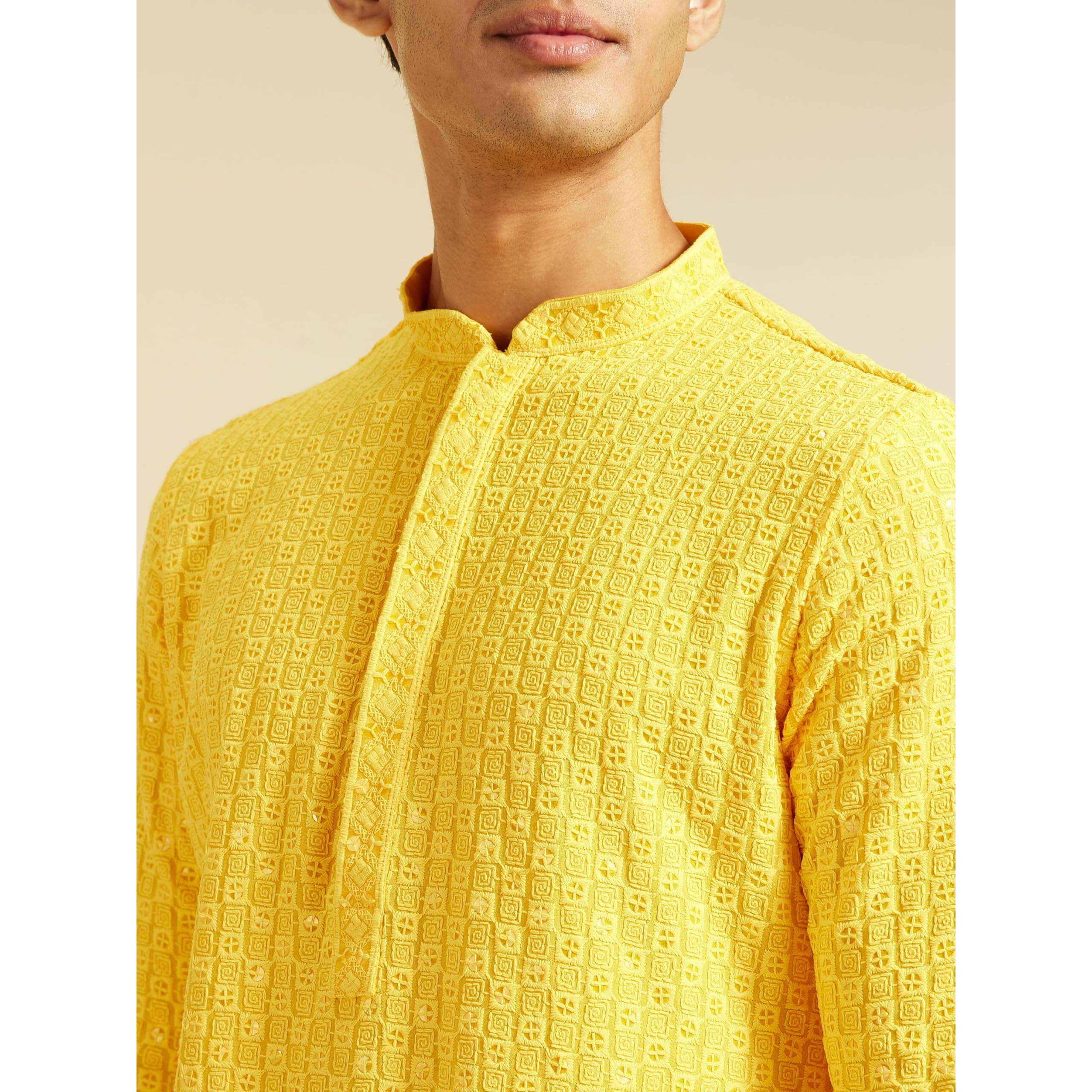 Diwas By Manyavar Men's Viscose Embroidery|Sequin Work Kurta (Yellow,Xl)