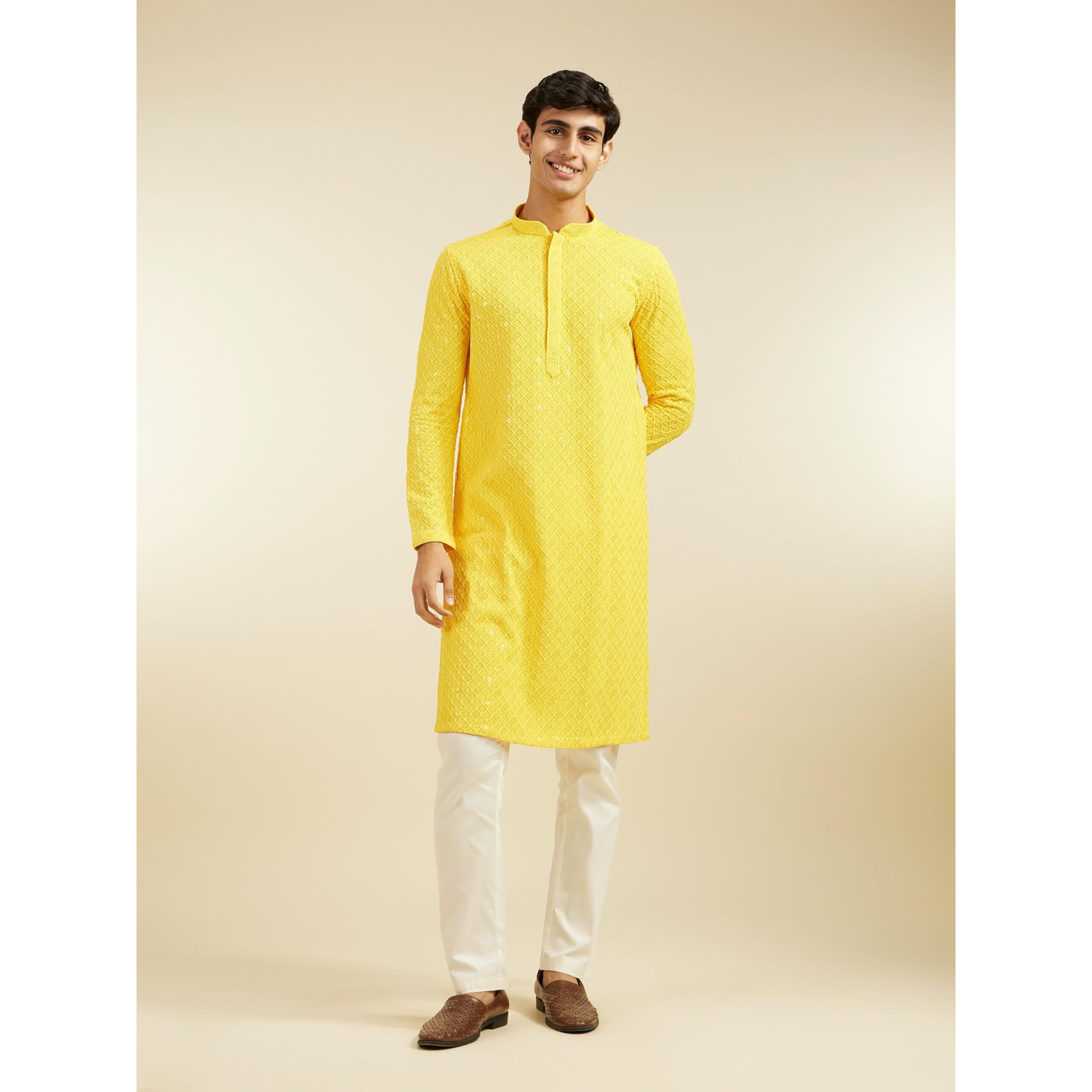 Diwas By Manyavar Men's Viscose Embroidery|Sequin Work Kurta (Yellow,Xl)