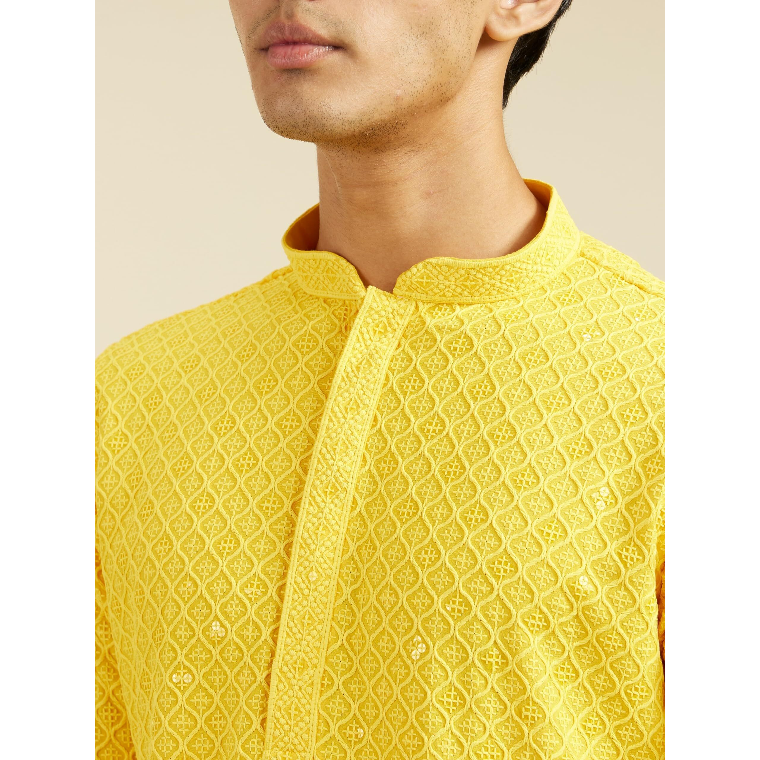 Diwas By Manyavar Men's Viscose Embroidery|Sequin Work Kurta (Yellow,Xl)
