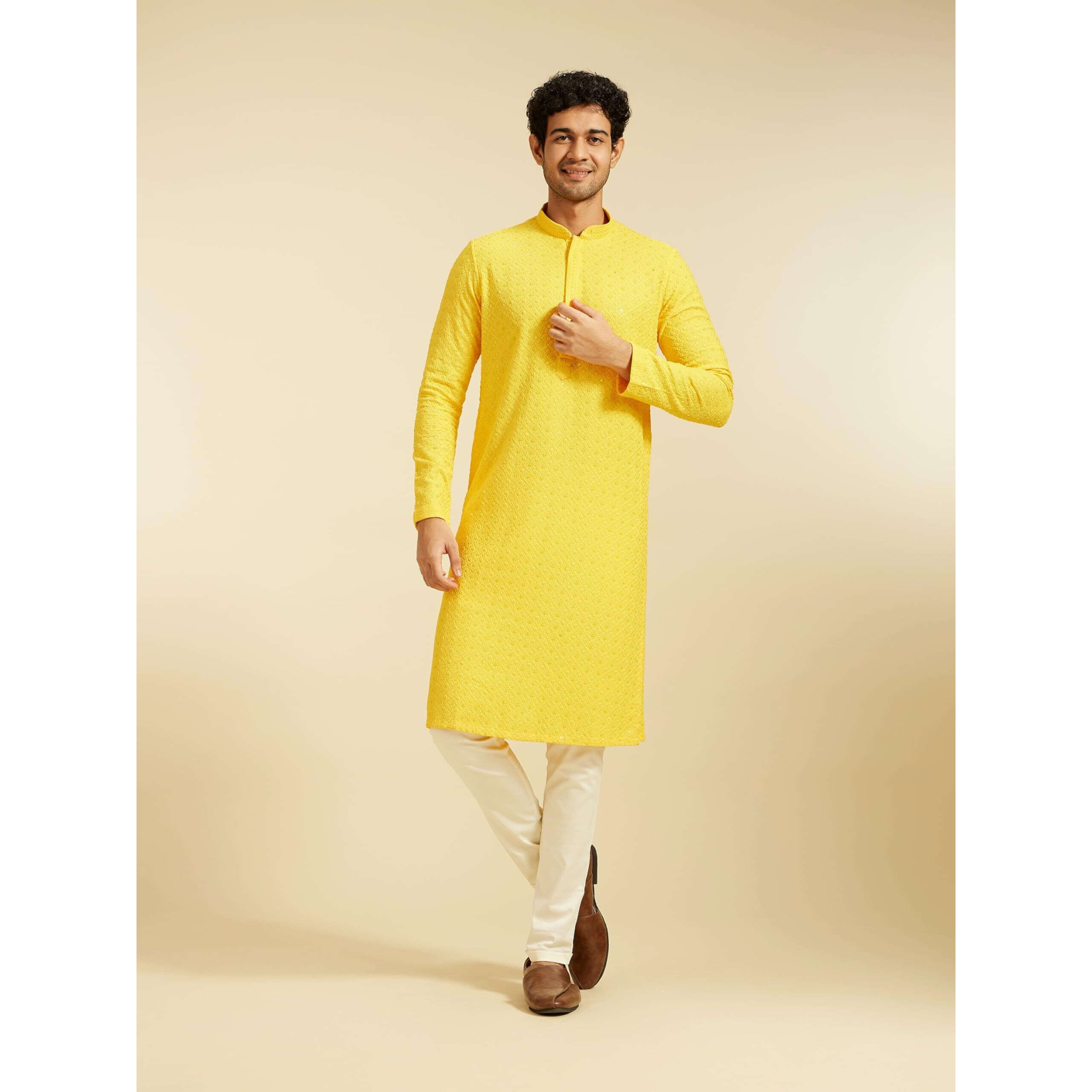 Diwas By Manyavar Men's Viscose Embroidery|Sequin Work Kurta (Yellow,Xl)
