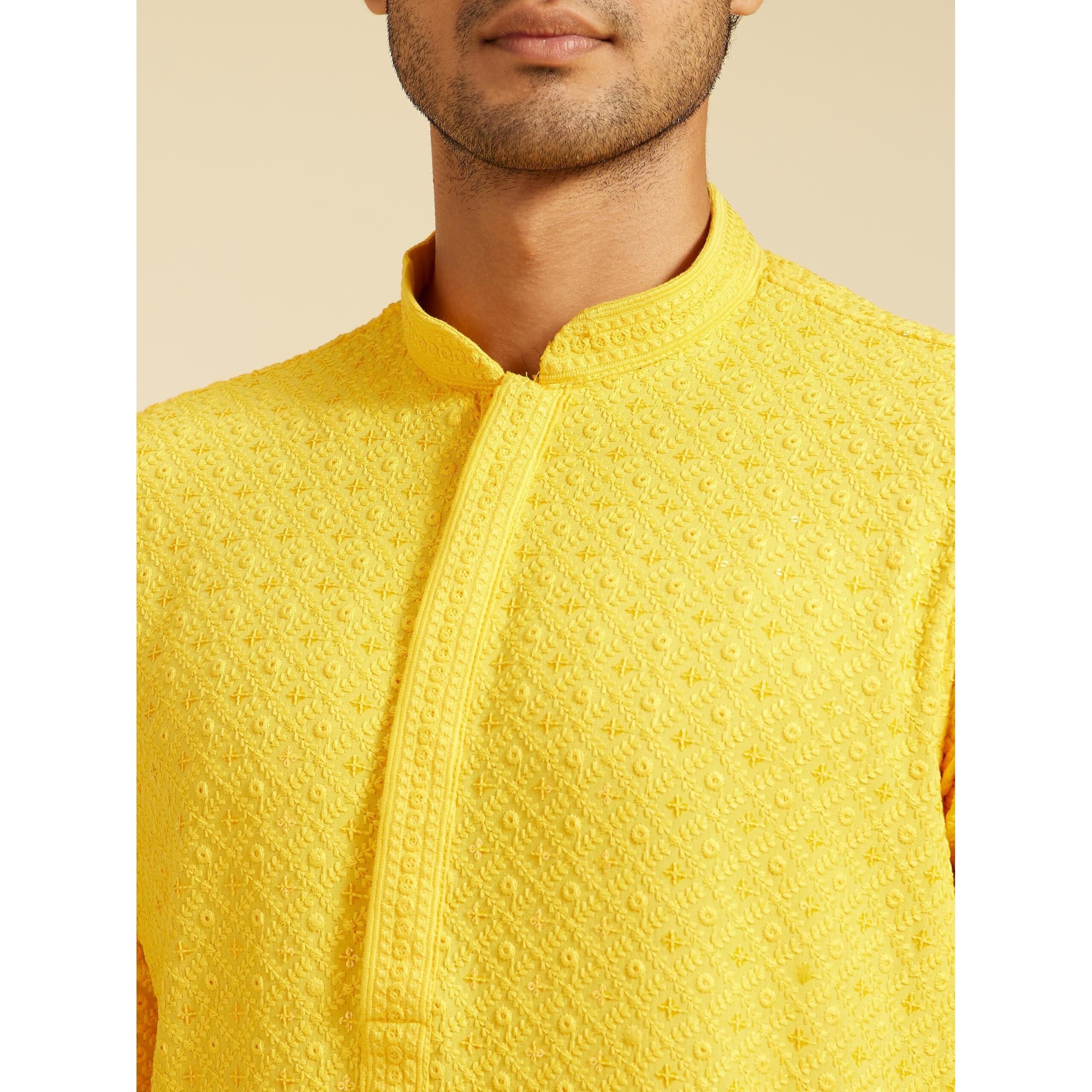 Diwas By Manyavar Men's Viscose Embroidery|Sequin Work Kurta (Yellow,Xl)