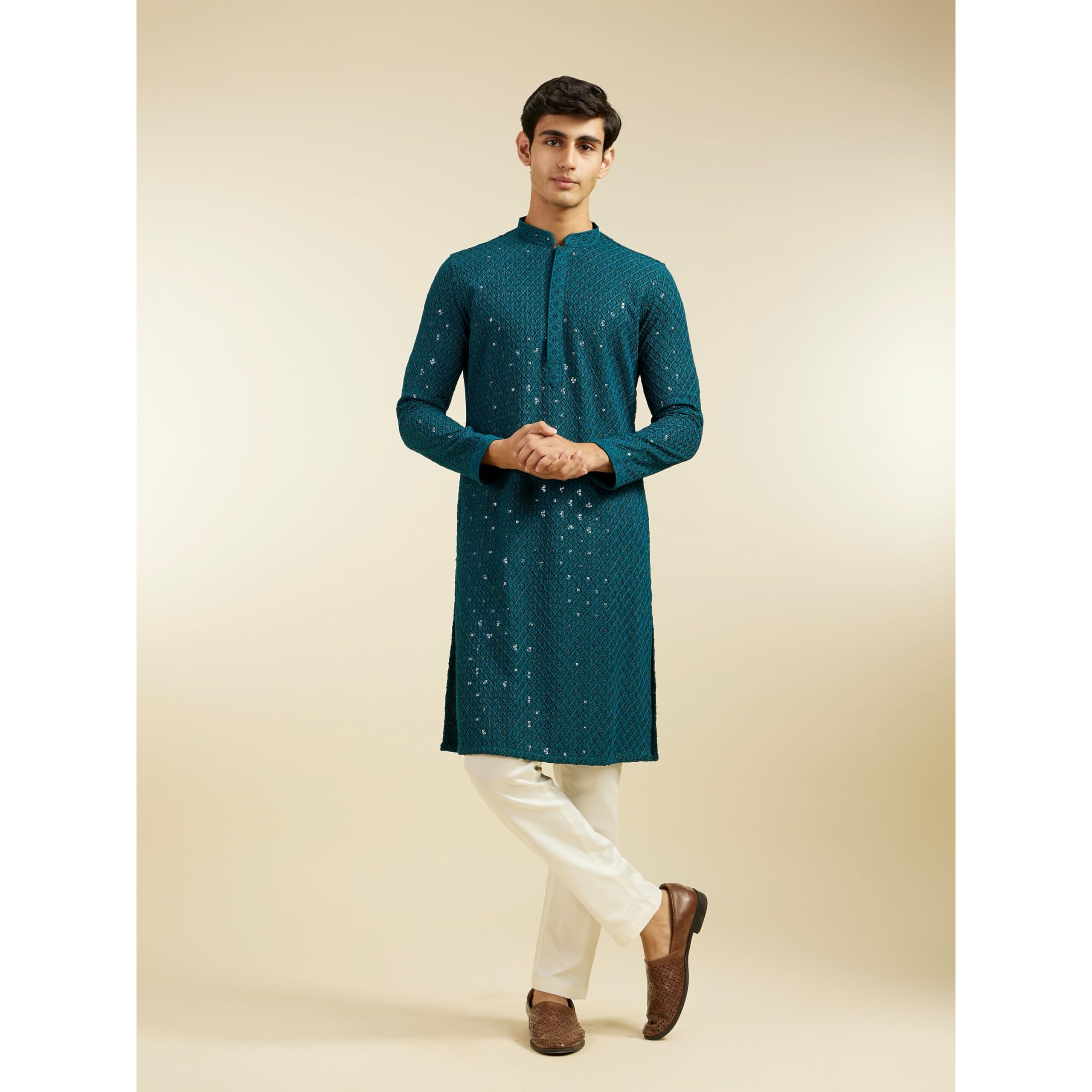 Diwas By Manyavar Men's Viscose Embroidery|Sequin Work Kurta (Teal Green,M)
