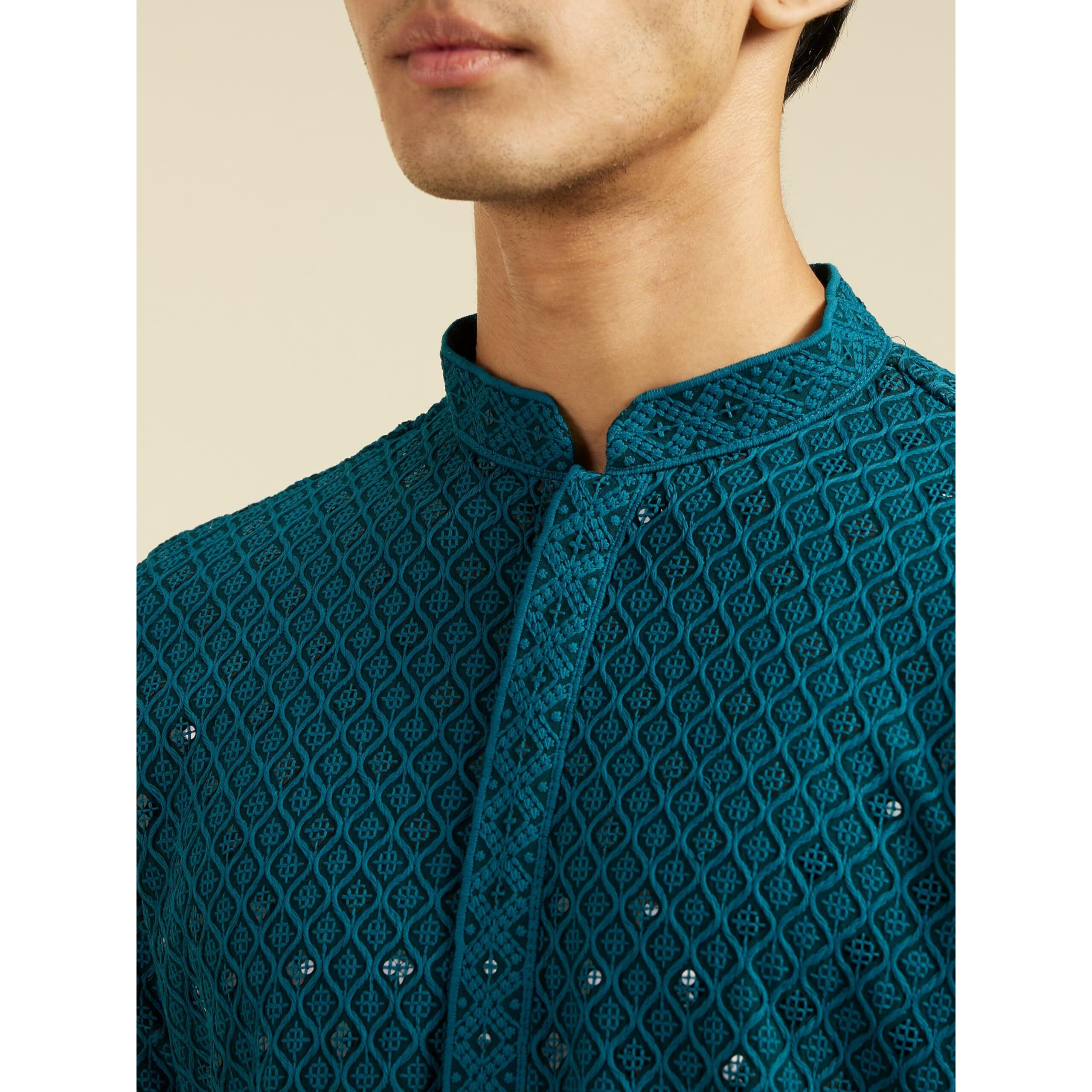 Diwas By Manyavar Men's Viscose Embroidery|Sequin Work Kurta (Teal Green,M)