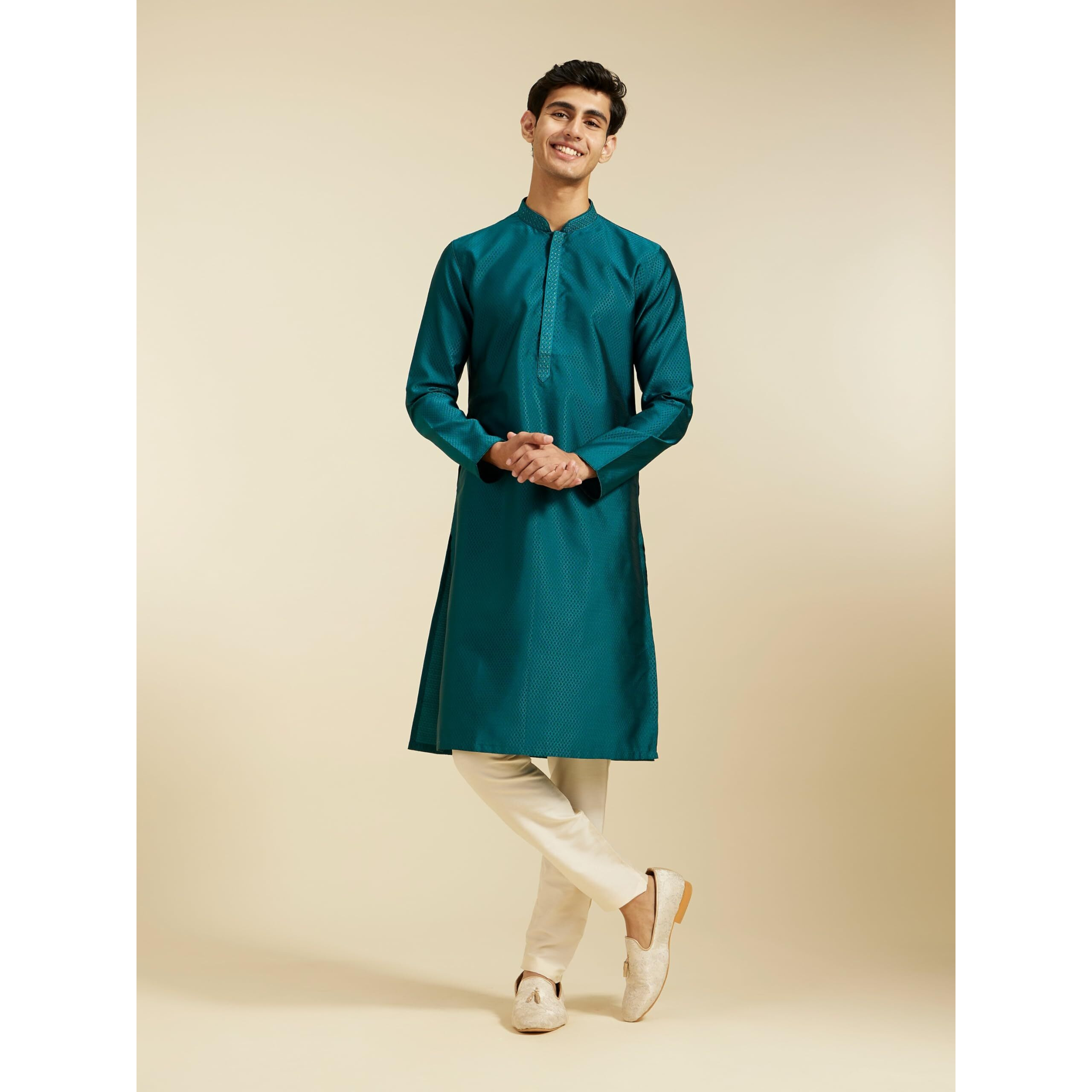Diwas By Manyavar Men's Art Silk Self Design Kurta (Teal Green,Xl)