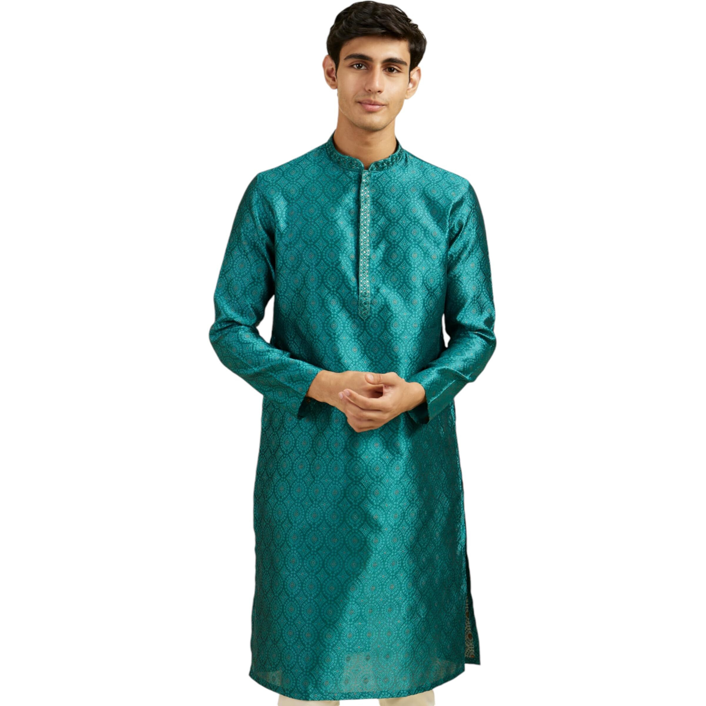 Diwas By Manyavar Men's Art Silk Jacquard| Self Design Kurta (Teal Green,M)