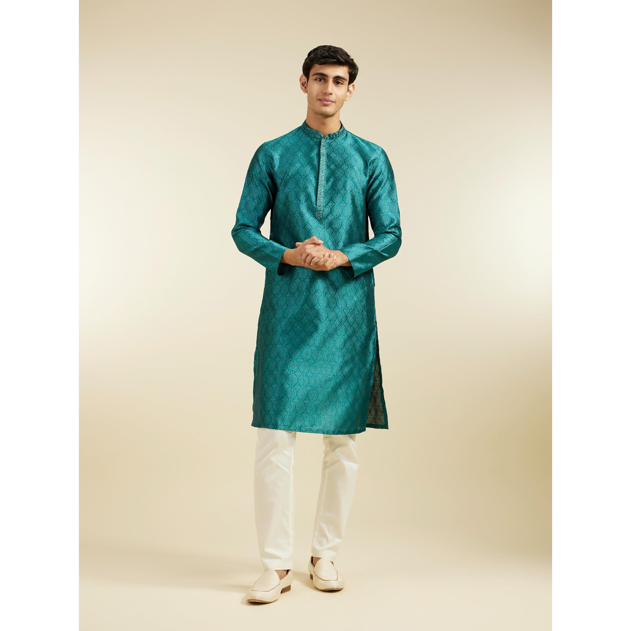 Diwas By Manyavar Men's Art Silk Jacquard| Self Design Kurta (Teal Green,M)