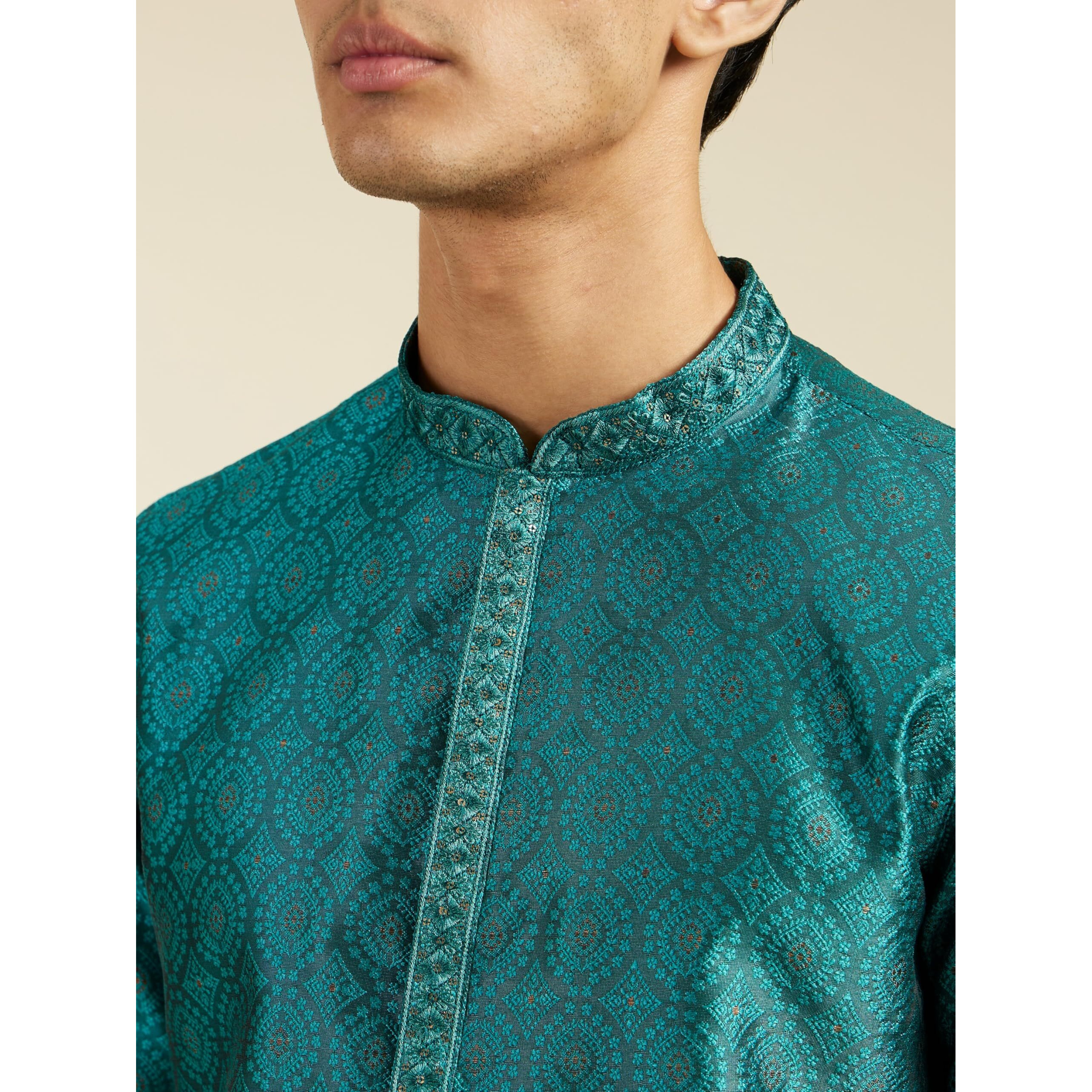 Diwas By Manyavar Men's Art Silk Jacquard| Self Design Kurta (Teal Green,M)