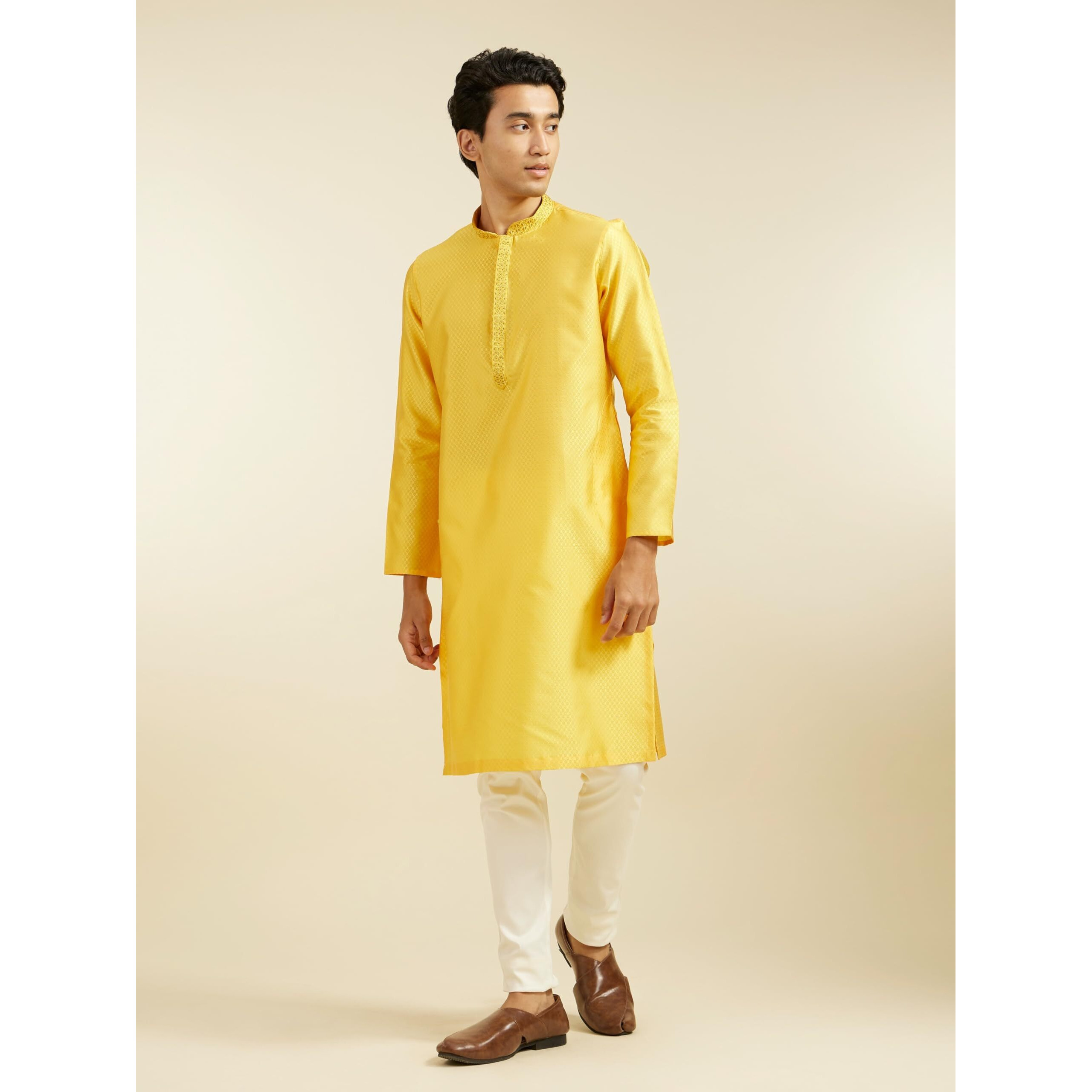 Diwas By Manyavar Men's Art Silk Thread Work Kurta (Mustard,M)
