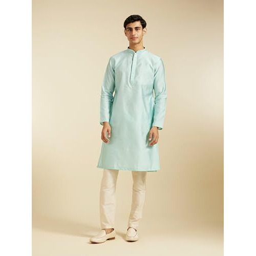 Diwas By Manyavar Men's Art Silk Jacquard| Self Design Kurta (Aqua Green,L)