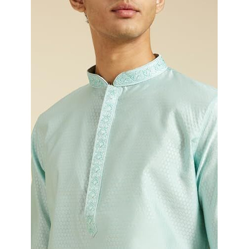 Diwas By Manyavar Men's Art Silk Jacquard| Self Design Kurta (Aqua Green,L)