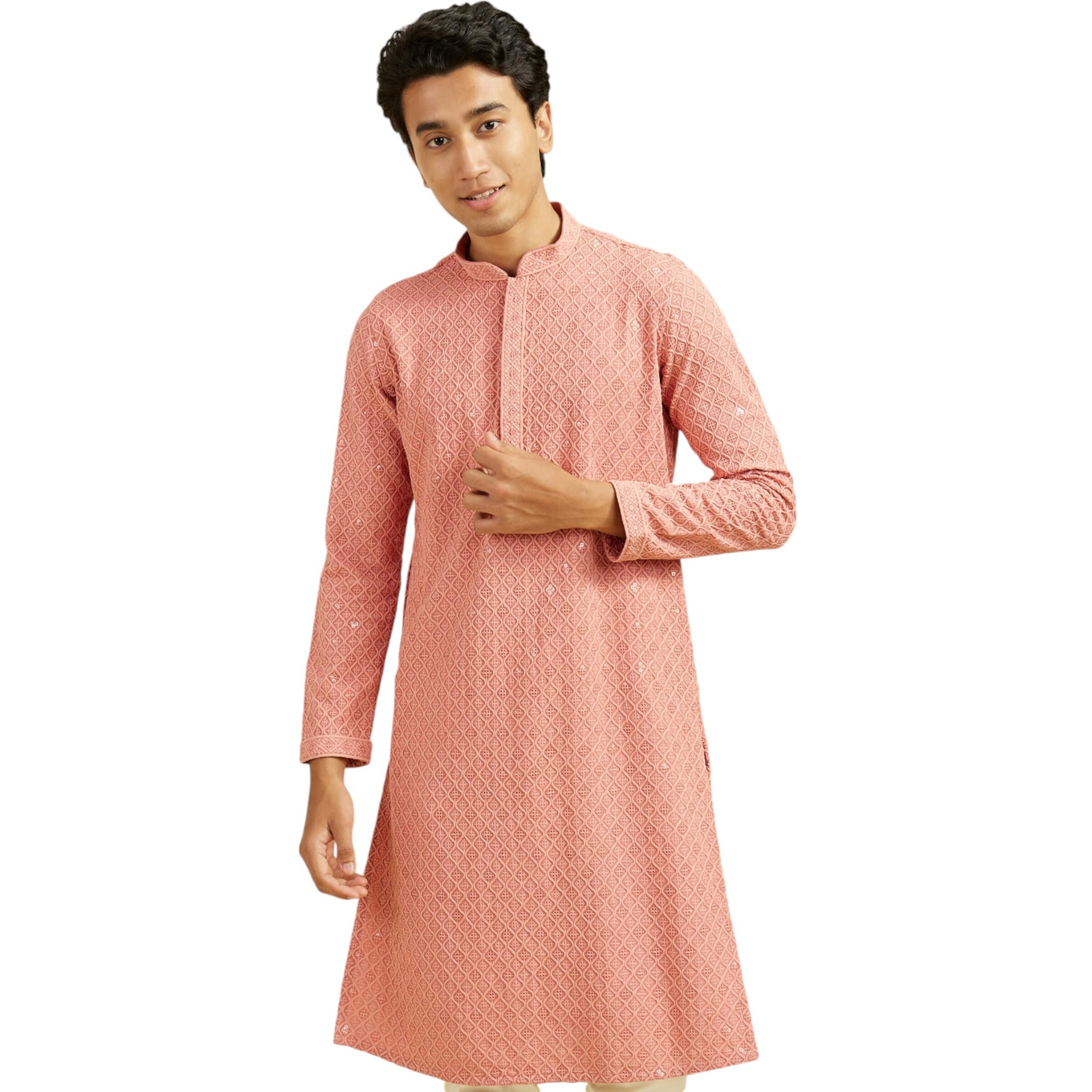 Diwas By Manyavar Men's Viscose Chikankari Sequined Kurta (Coral,L)
