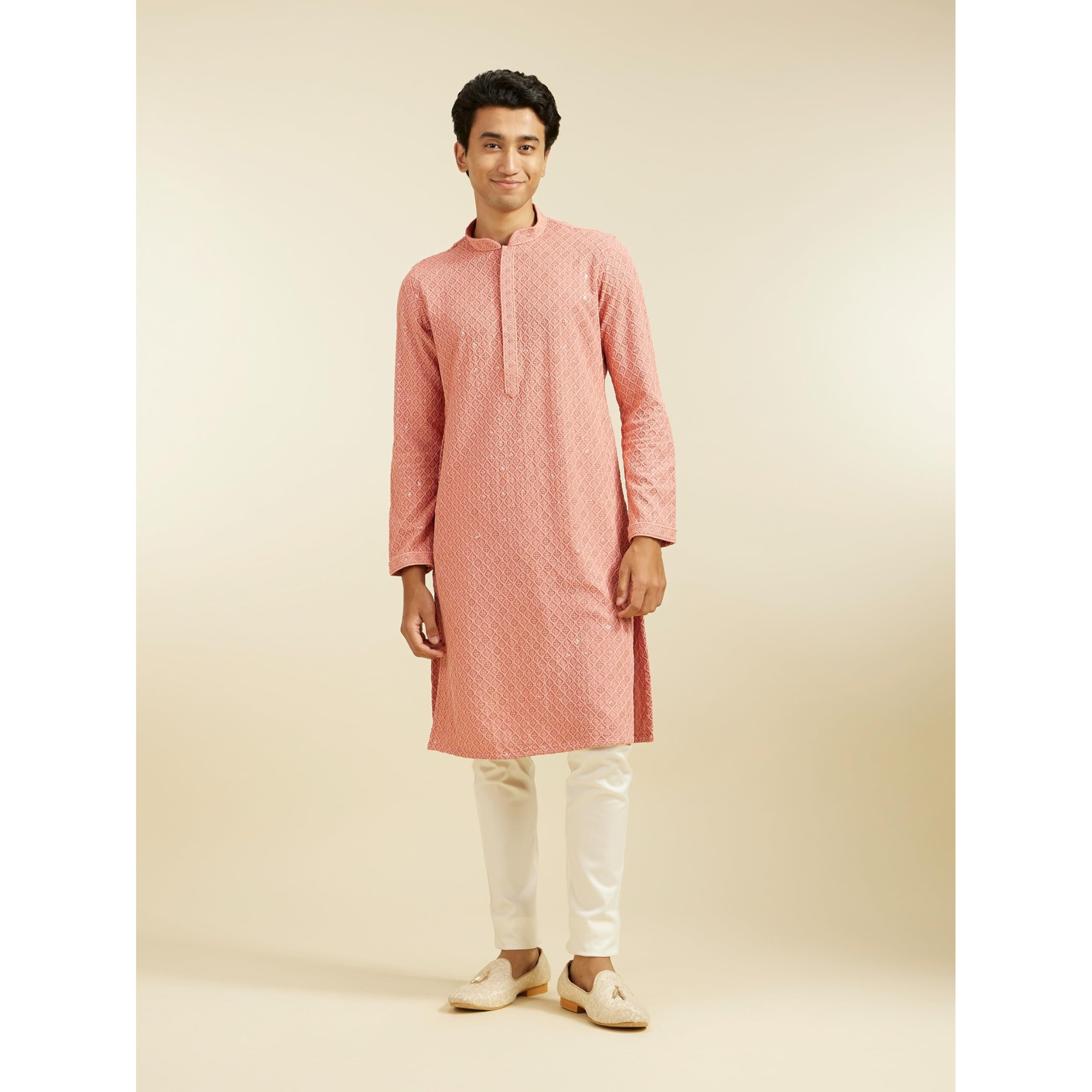 Diwas By Manyavar Men's Viscose Chikankari Sequined Kurta (Coral,L)