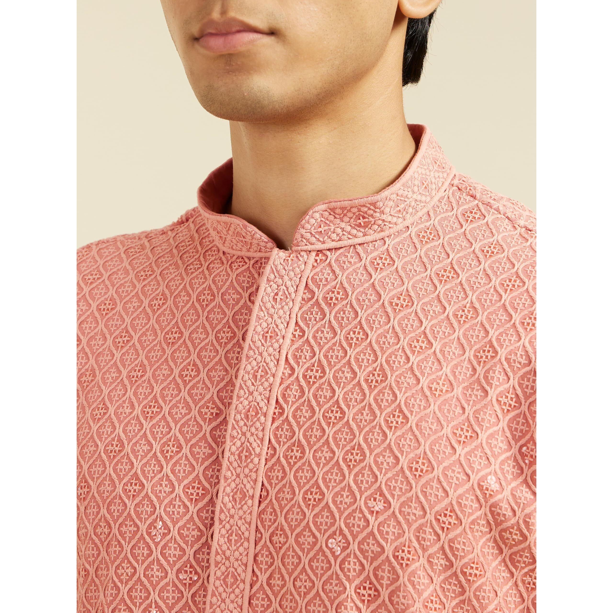 Diwas By Manyavar Men's Viscose Chikankari Sequined Kurta (Coral,L)