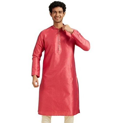 Diwas By Manyavar Men's Art Silk Self Design Kurta (Coral,Xxl)
