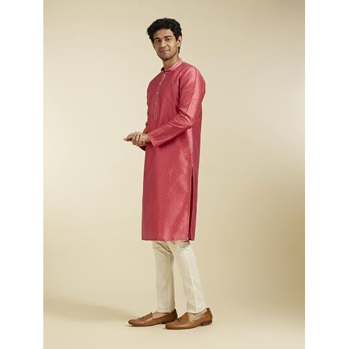 Diwas By Manyavar Men's Art Silk Self Design Kurta (Coral,Xl)
