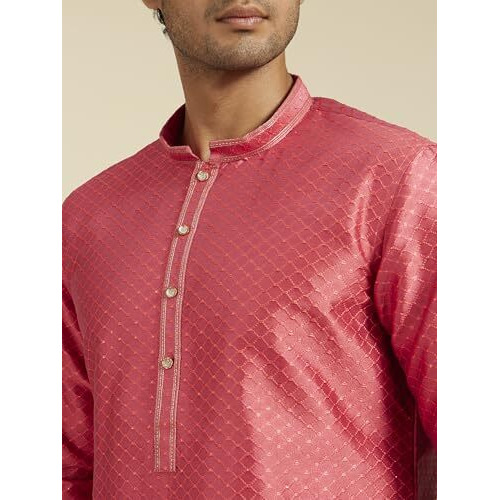 Diwas By Manyavar Men's Art Silk Self Design Kurta (Coral,Xl)