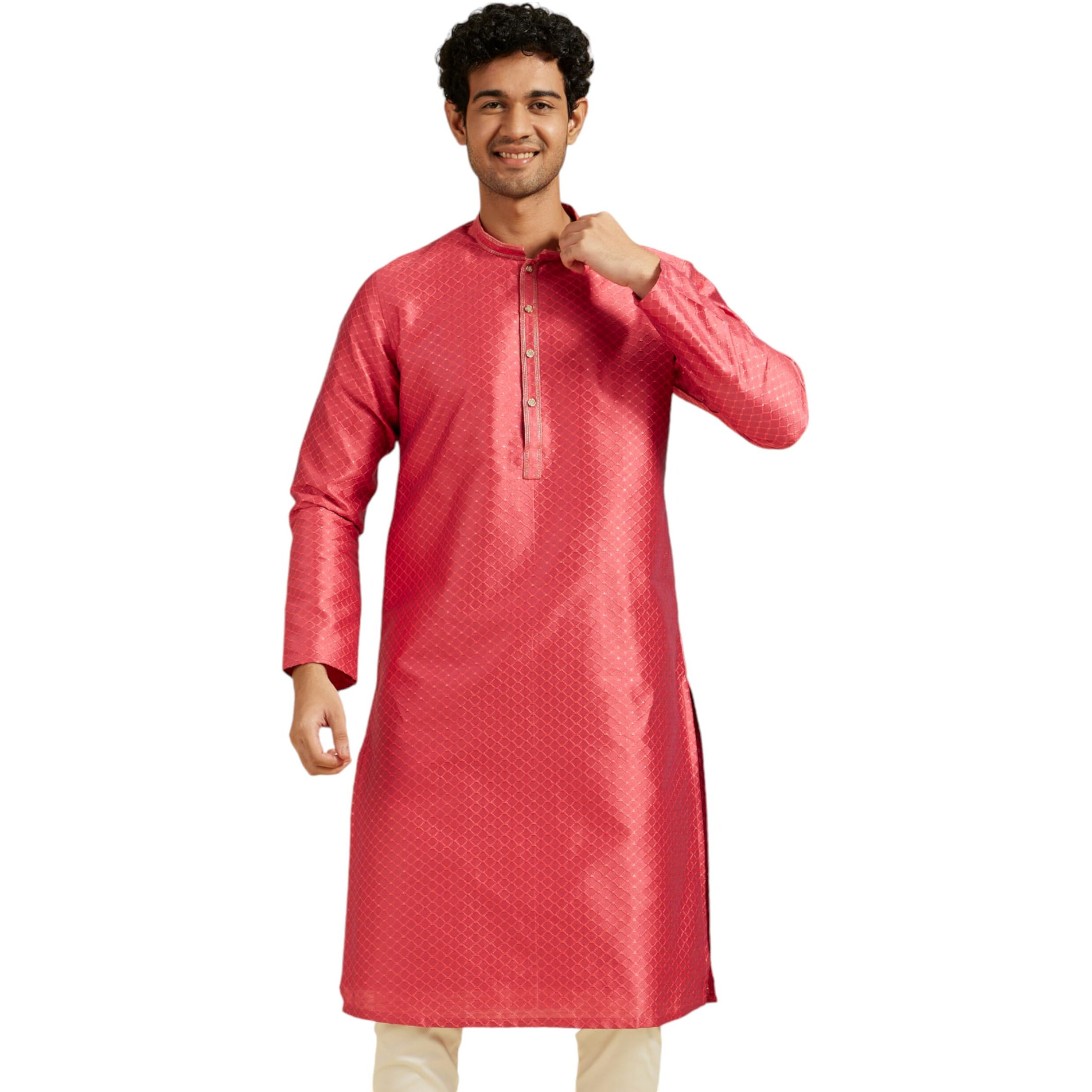 Diwas By Manyavar Men's Art Silk Self Design Kurta (Coral,L)