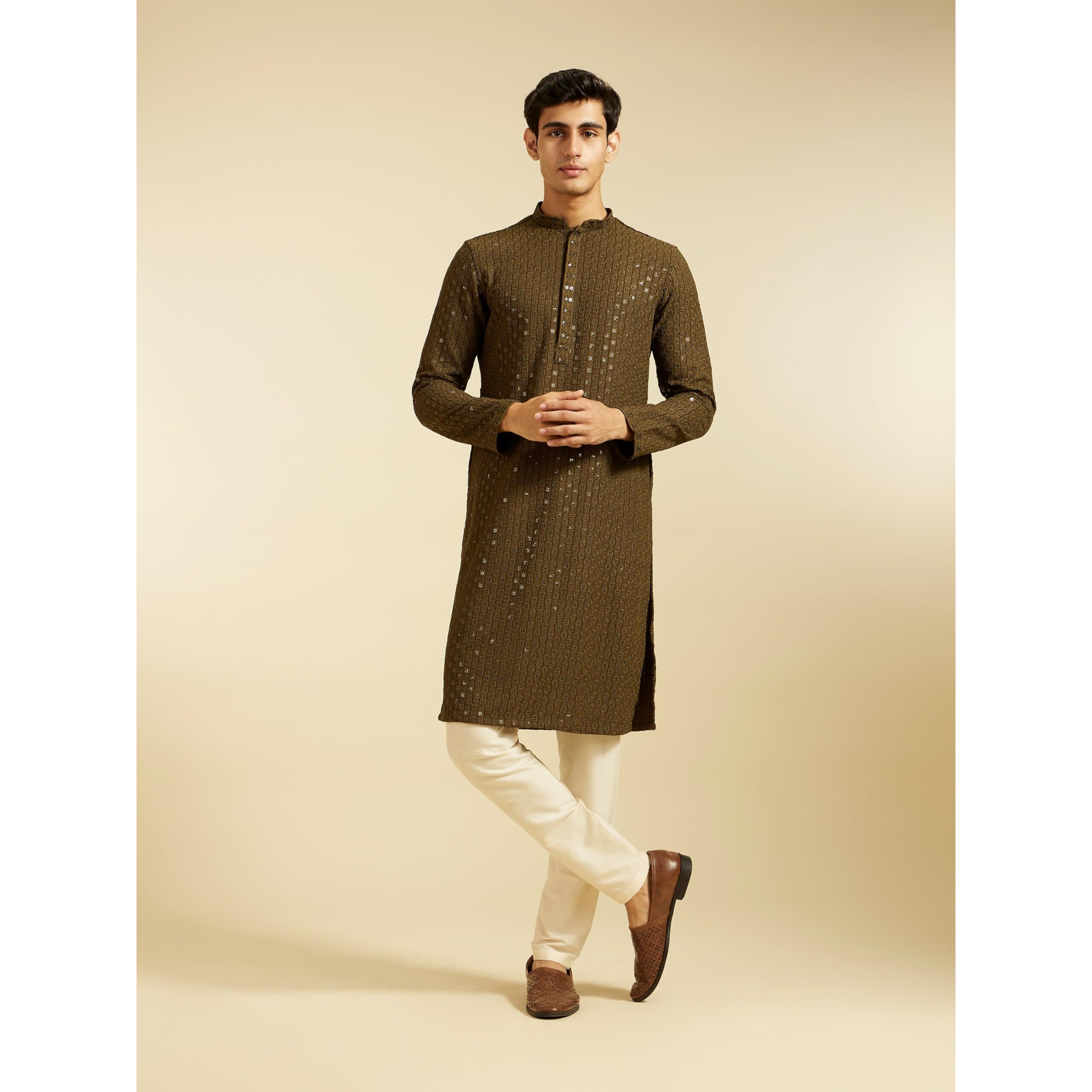 Diwas By Manyavar Men's Viscose Embroidery|Sequin Work Kurta (Olive Green,Xxl)