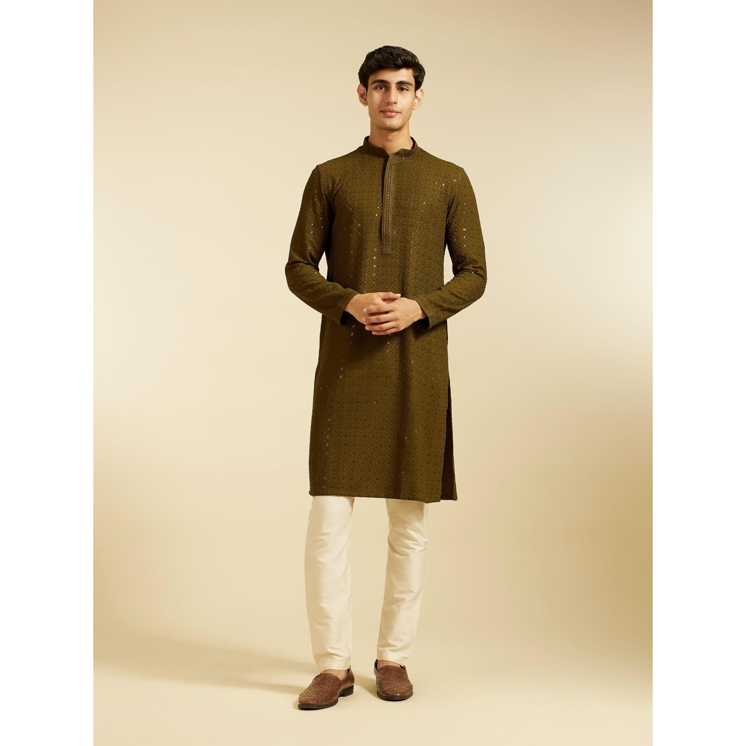 Diwas By Manyavar Men's Viscose Embroidery|Sequin Work Kurta (Olive Green,S)