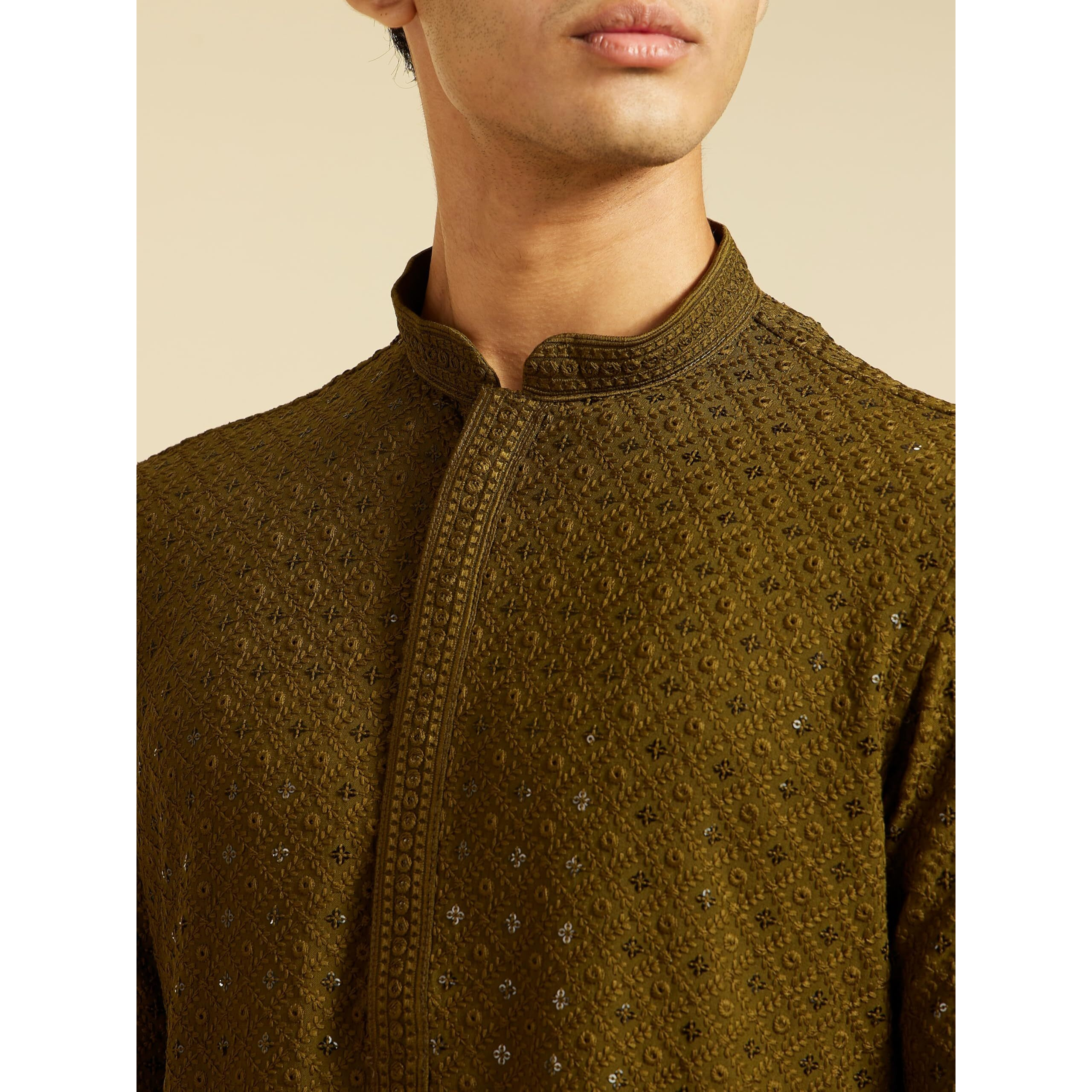 Diwas By Manyavar Men's Viscose Embroidery|Sequin Work Kurta (Olive Green,S)