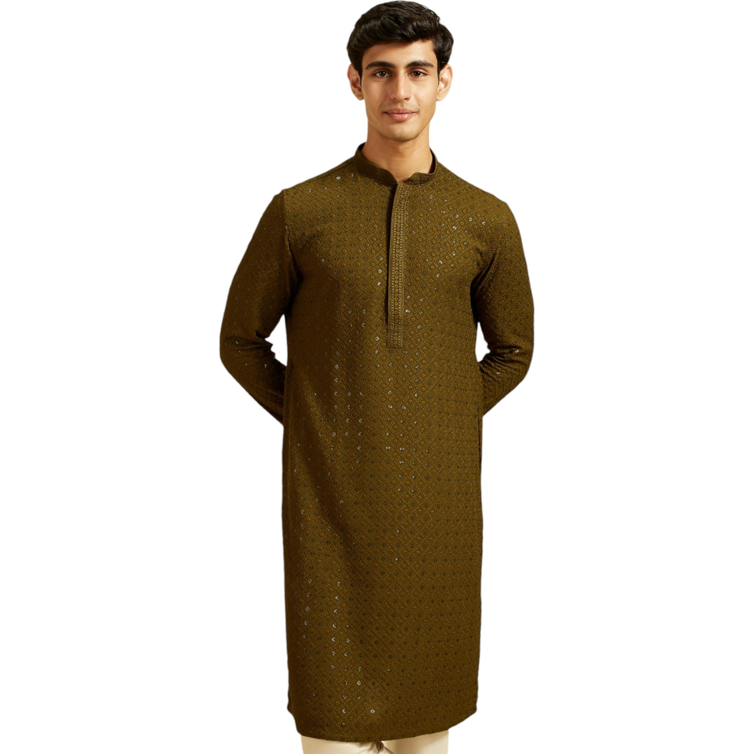 Diwas By Manyavar Men's Viscose Embroidery|Sequin Work Kurta (Olive Green,Xl)