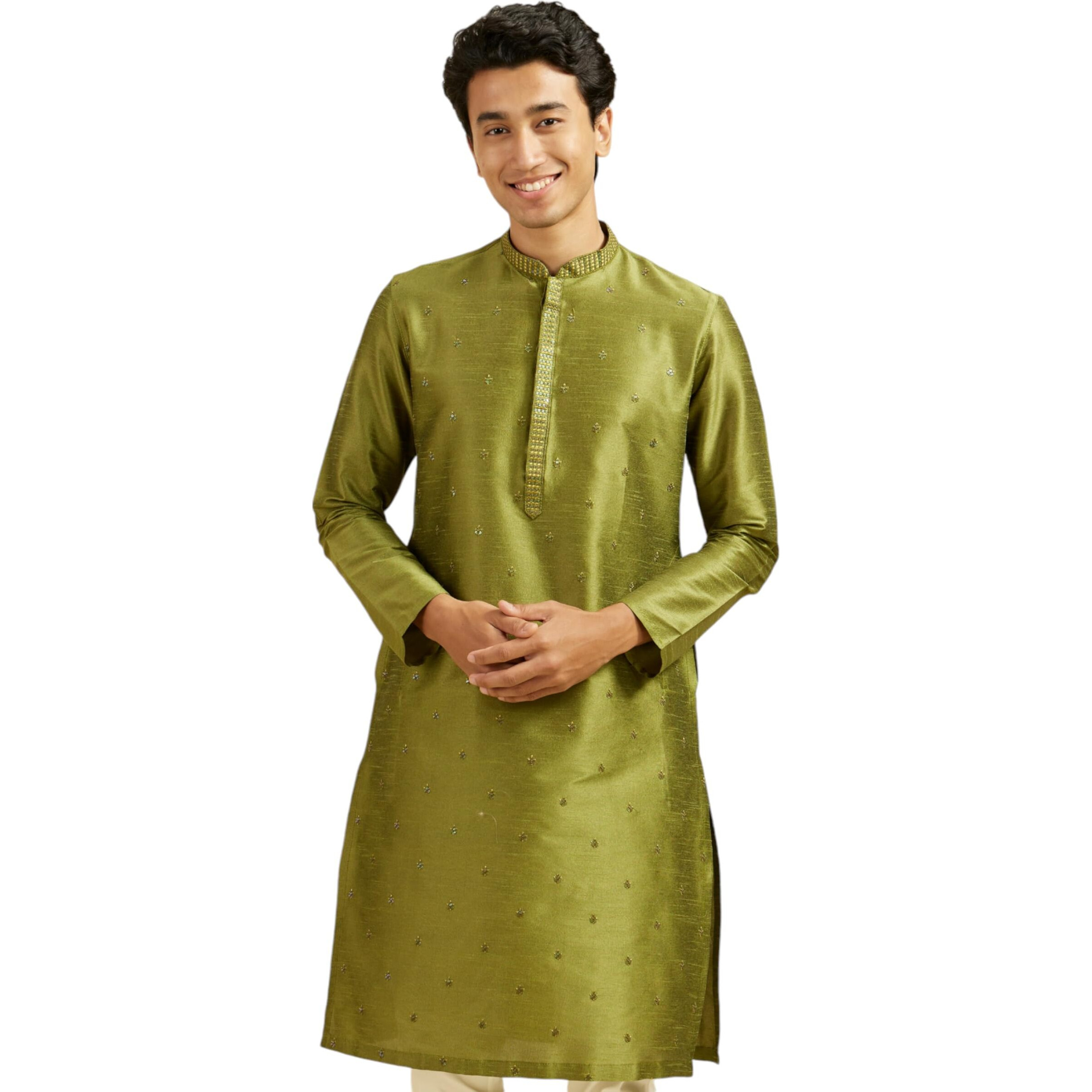 Diwas By Manyavar Men's Art Silk Sequined Kurta (Green,Xxxl)