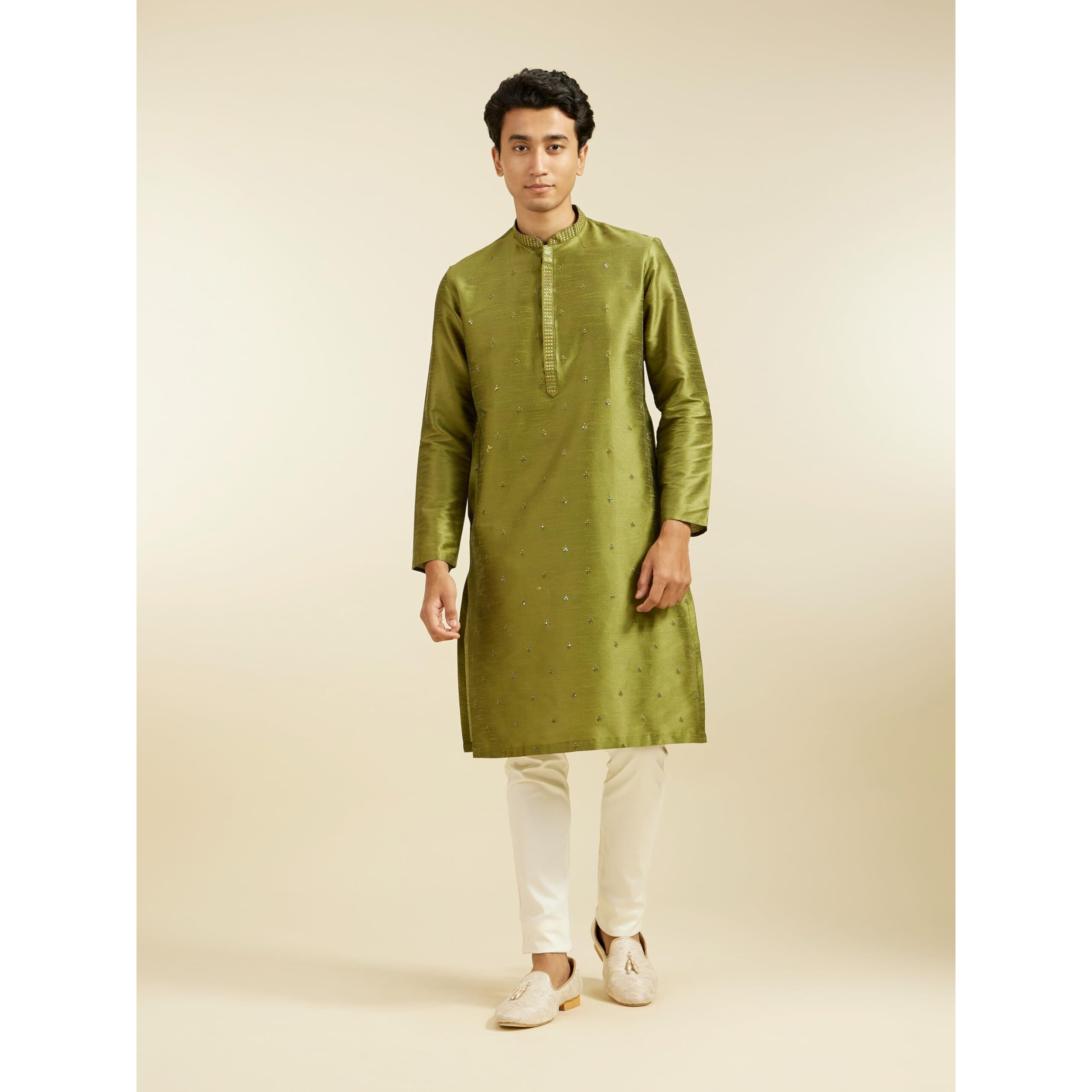 Diwas By Manyavar Men's Art Silk Sequined Kurta (Green,L)