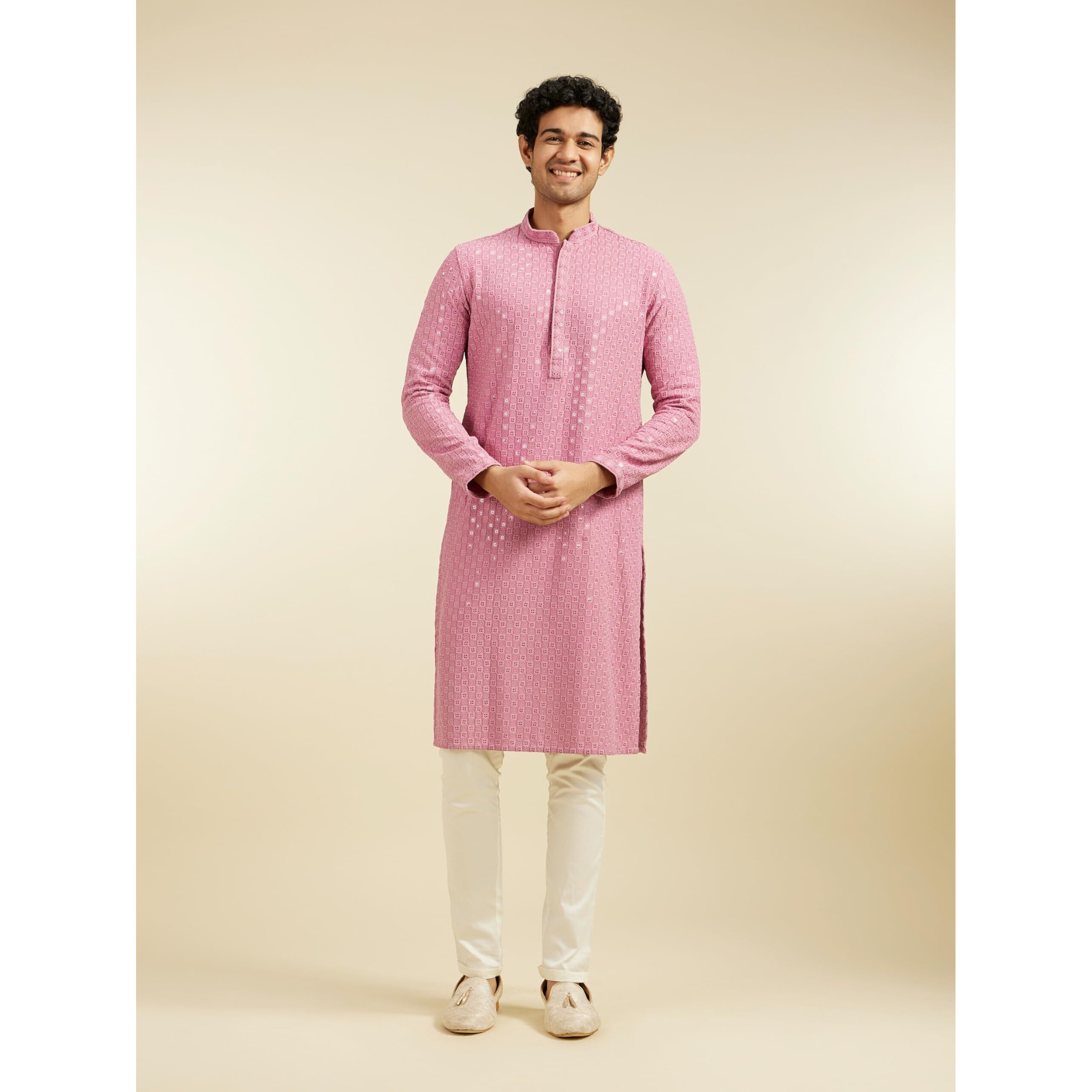 Diwas By Manyavar Men's Viscose Embroidery|Sequin Work Kurta (Dusty Pink,Xl)
