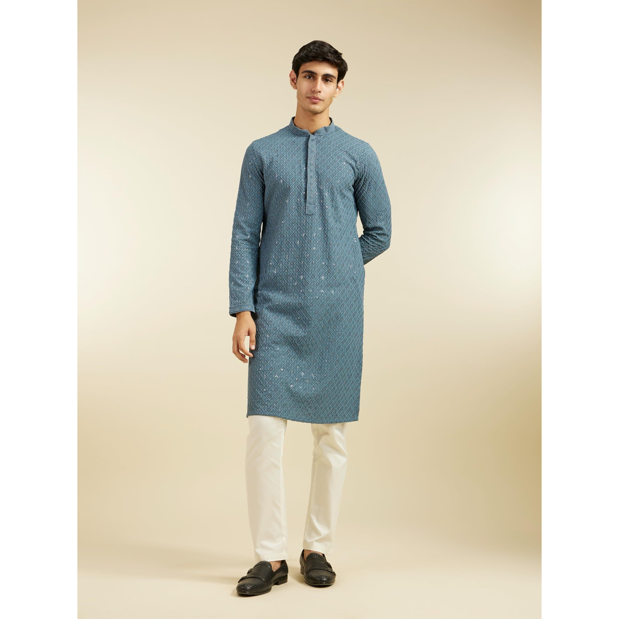 Diwas By Manyavar Men's Viscose Embroidery|Sequin Work Kurta (Greyish Blue,L)