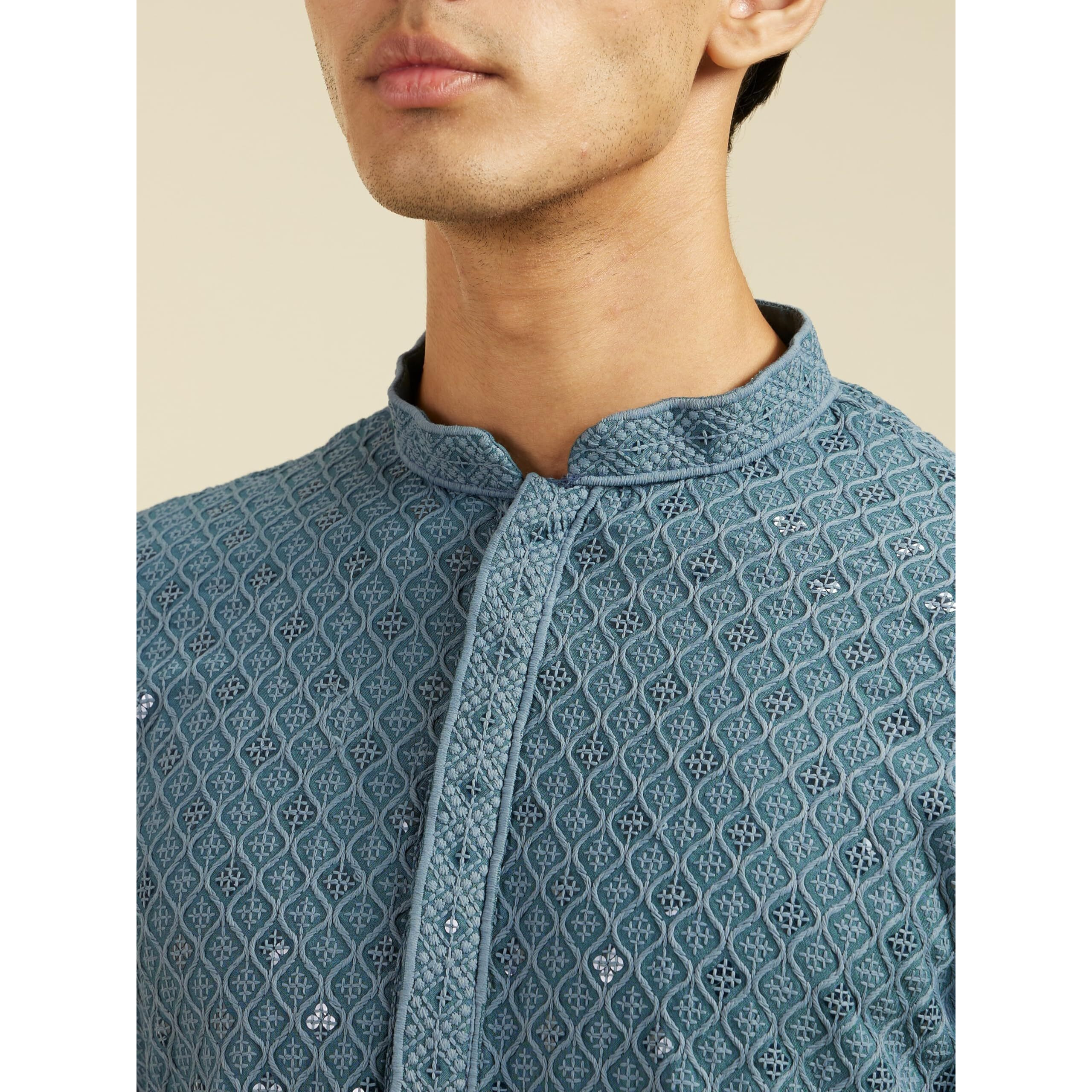 Diwas By Manyavar Men's Viscose Embroidery|Sequin Work Kurta (Greyish Blue,L)