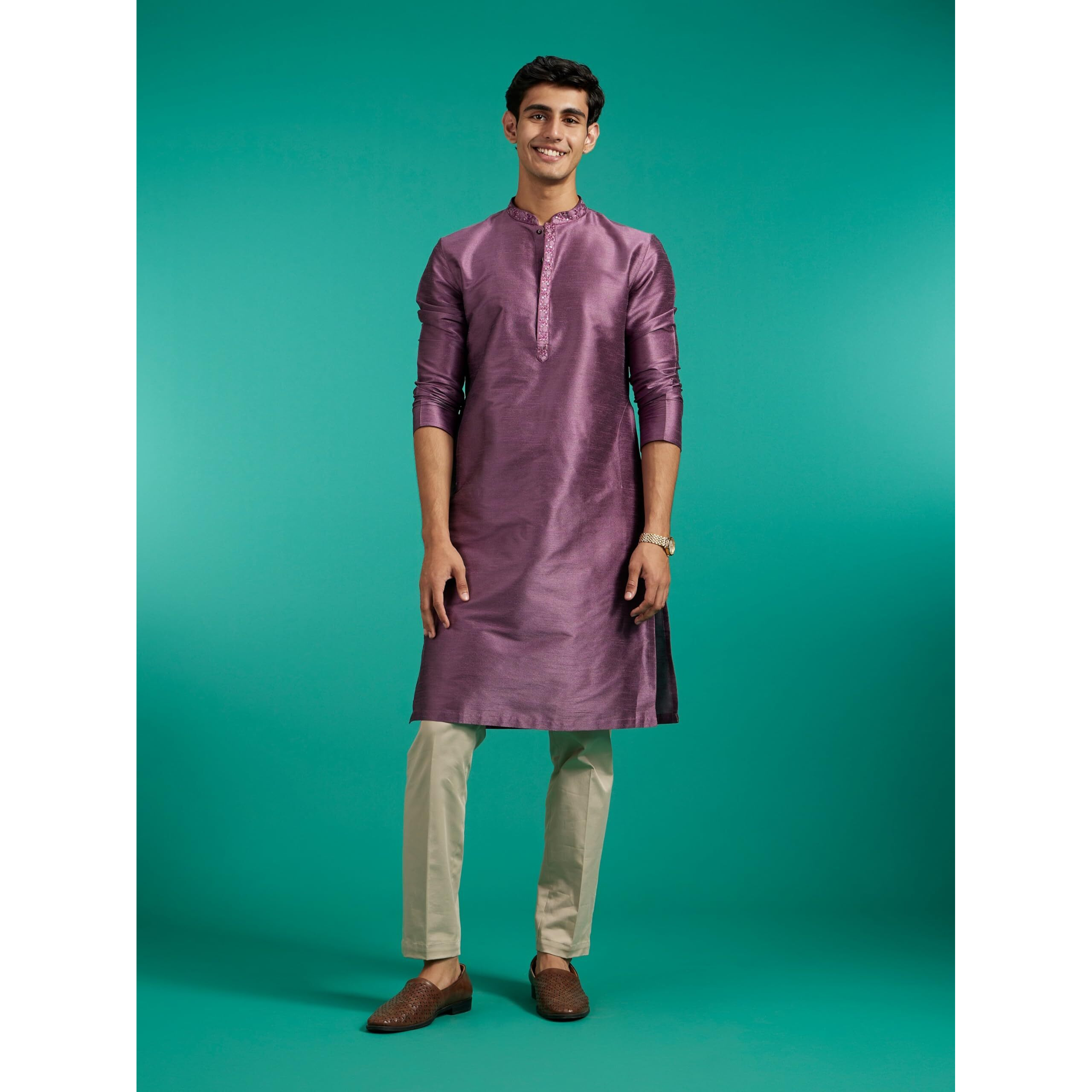 Diwas By Manyavar Men's Art Silk Embroidered Solid Kurta (Lilac,Xxxl)