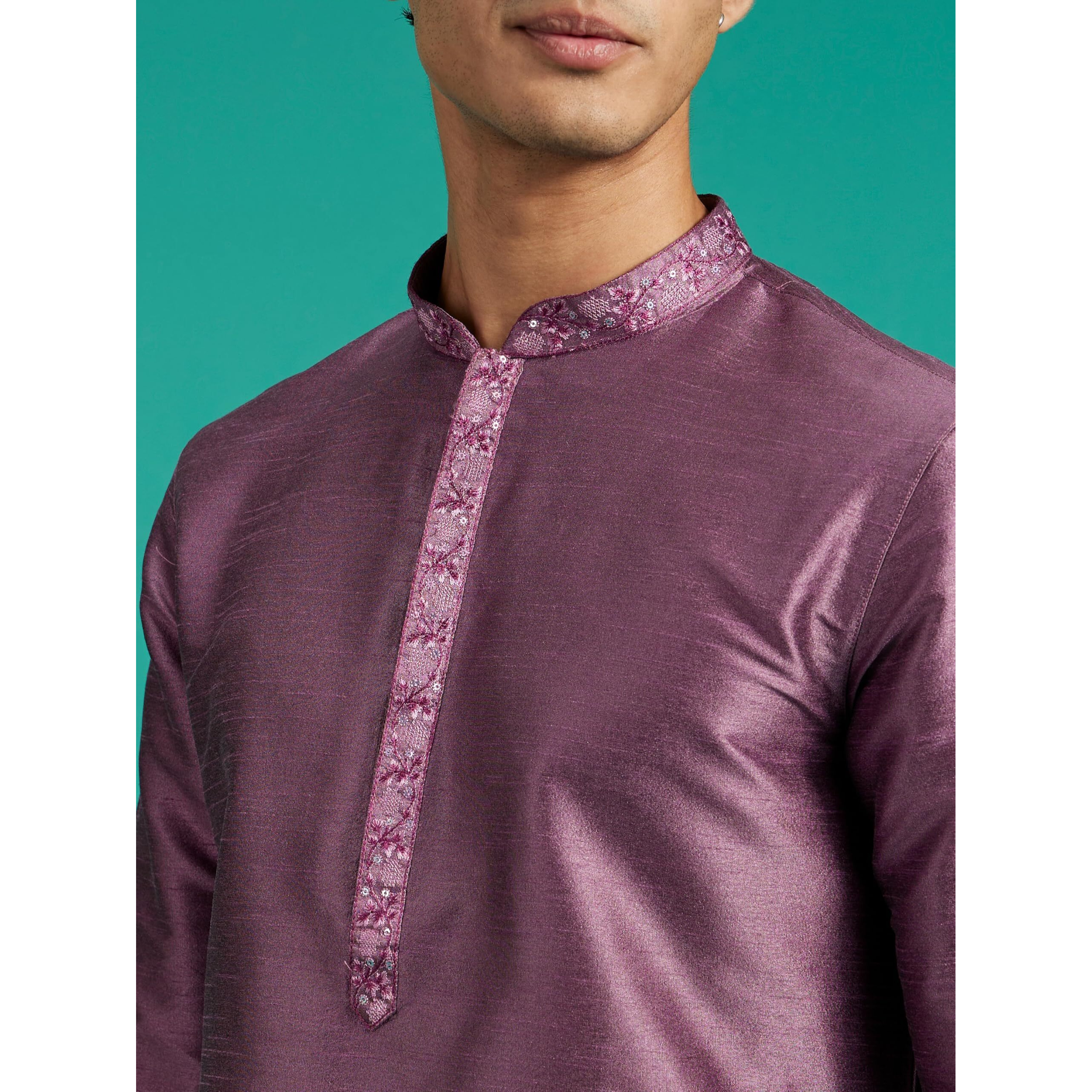 Diwas By Manyavar Men's Art Silk Embroidered Solid Kurta (Lilac,Xxxl)