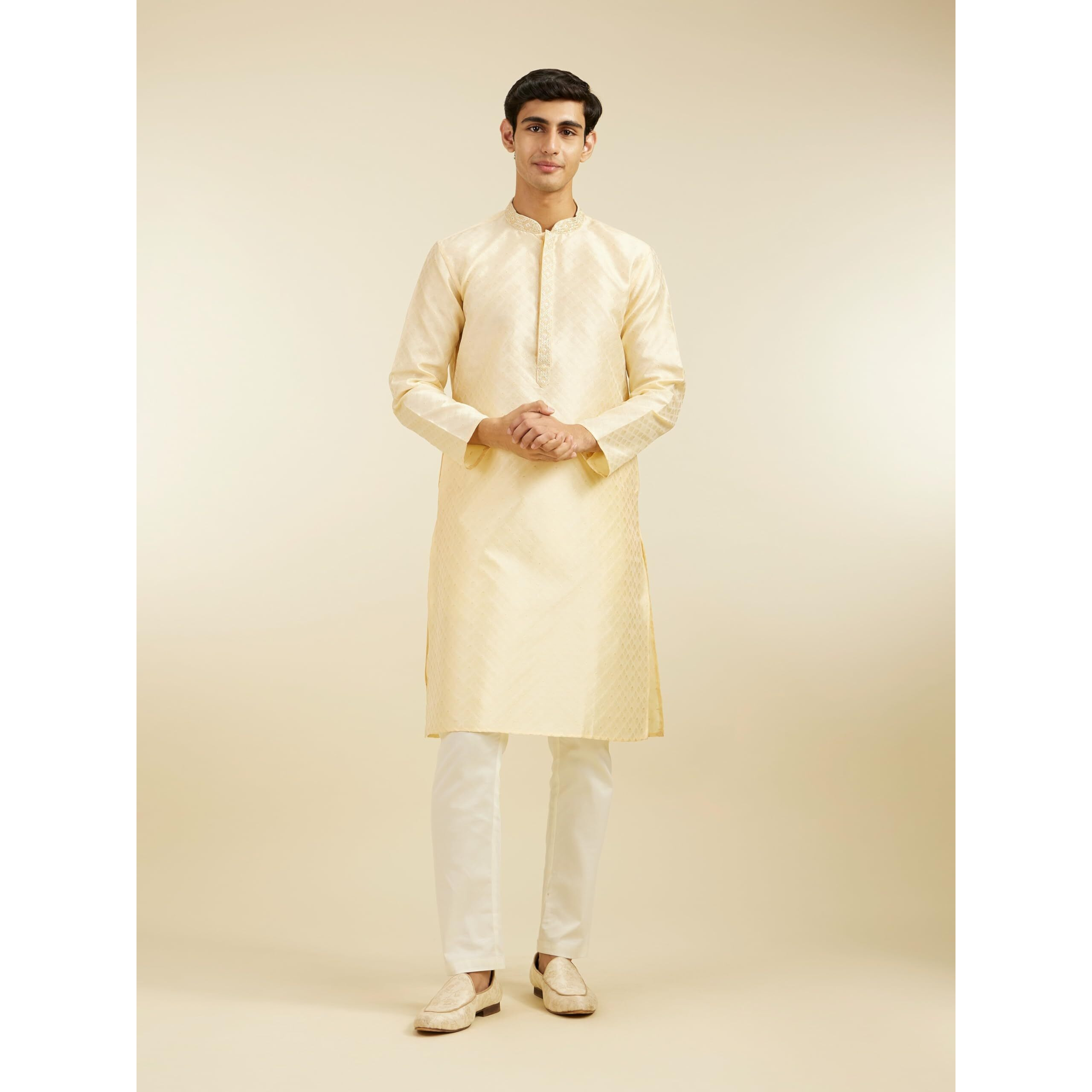 Diwas By Manyavar Men's Art Silk Jacquard| Self Design Kurta (Beige,S)