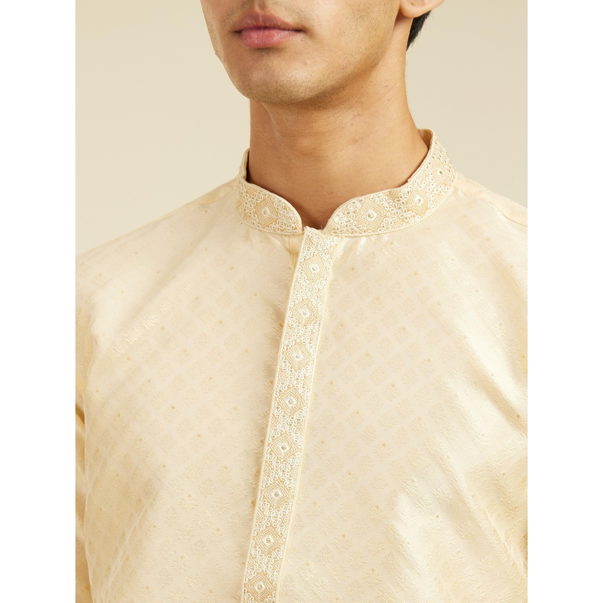 Diwas By Manyavar Men's Art Silk Jacquard| Self Design Kurta (Beige,S)
