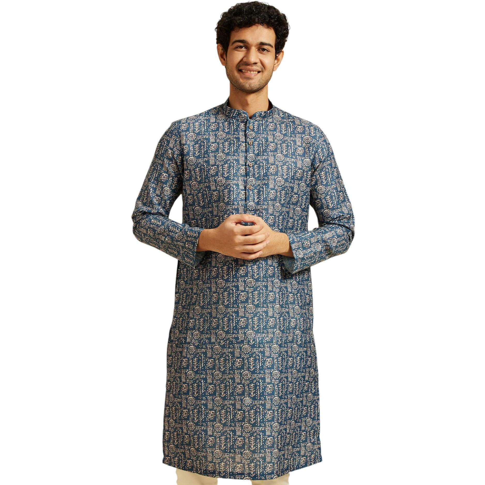 Diwas By Manyavar Men's Blended Viscose Printed Kurta (Dark Blue,S)