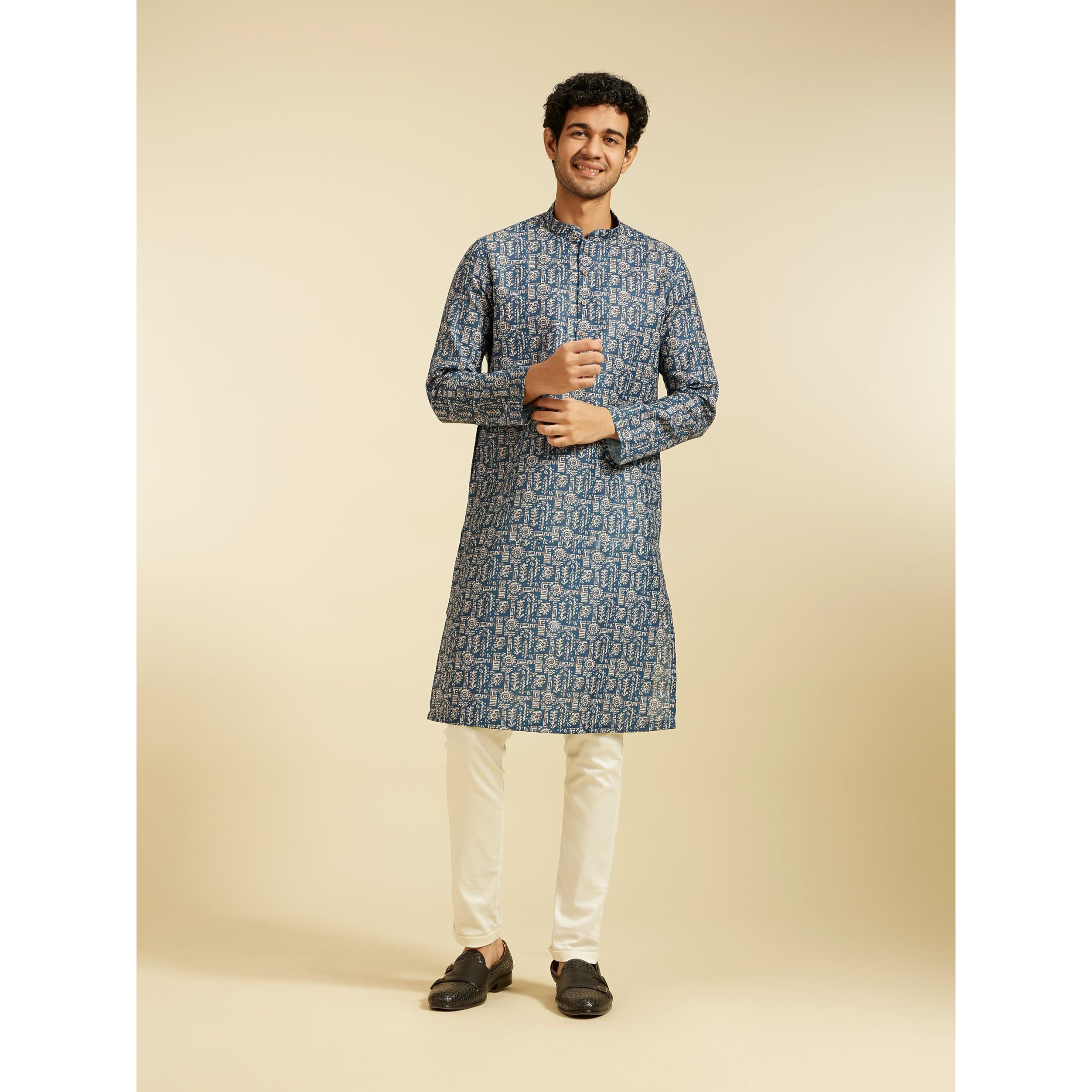 Diwas By Manyavar Men's Blended Viscose Printed Kurta (Dark Blue,S)