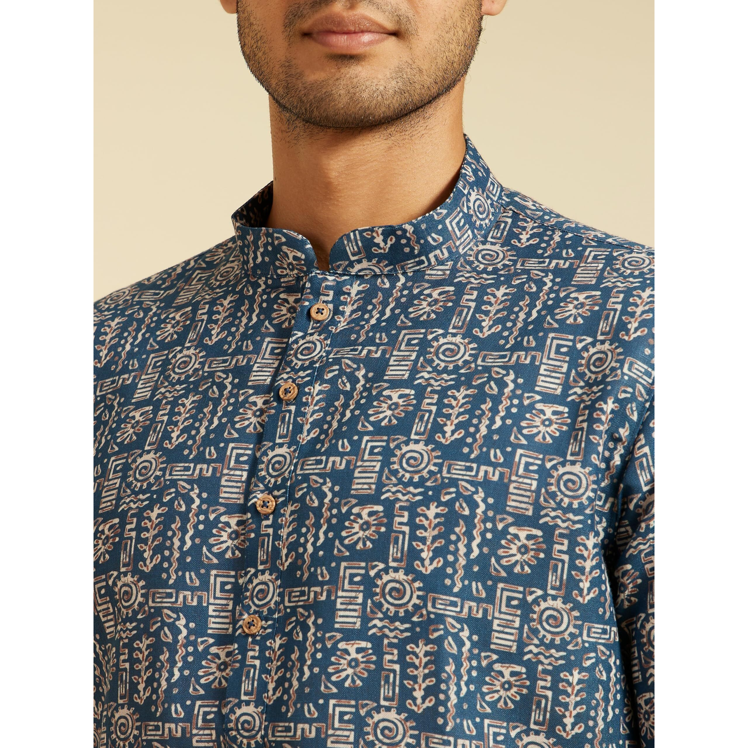 Diwas By Manyavar Men's Blended Viscose Printed Kurta (Dark Blue,S)