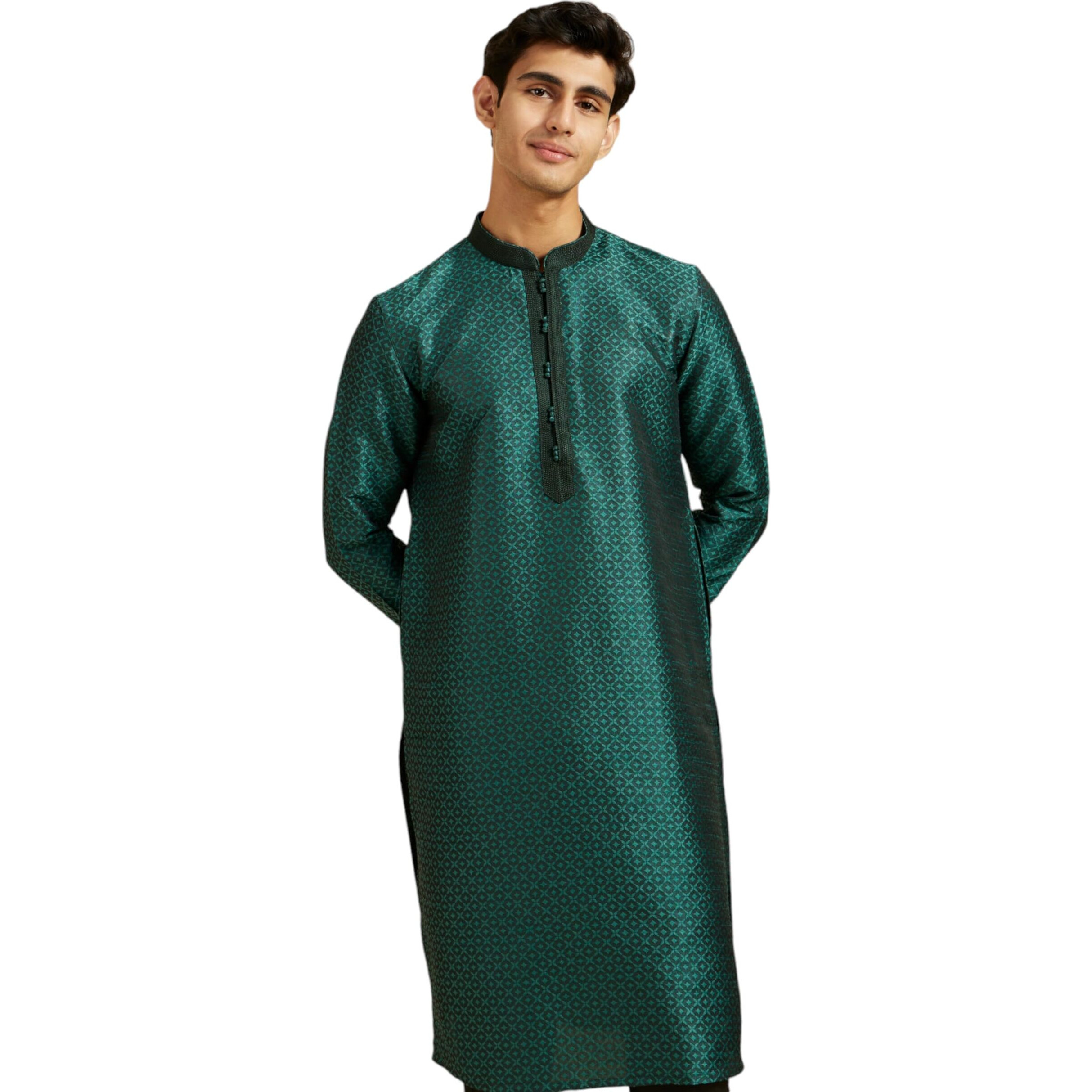 Diwas By Manyavar Men's Art Silk Self Design Kurta (Dark Green,S)