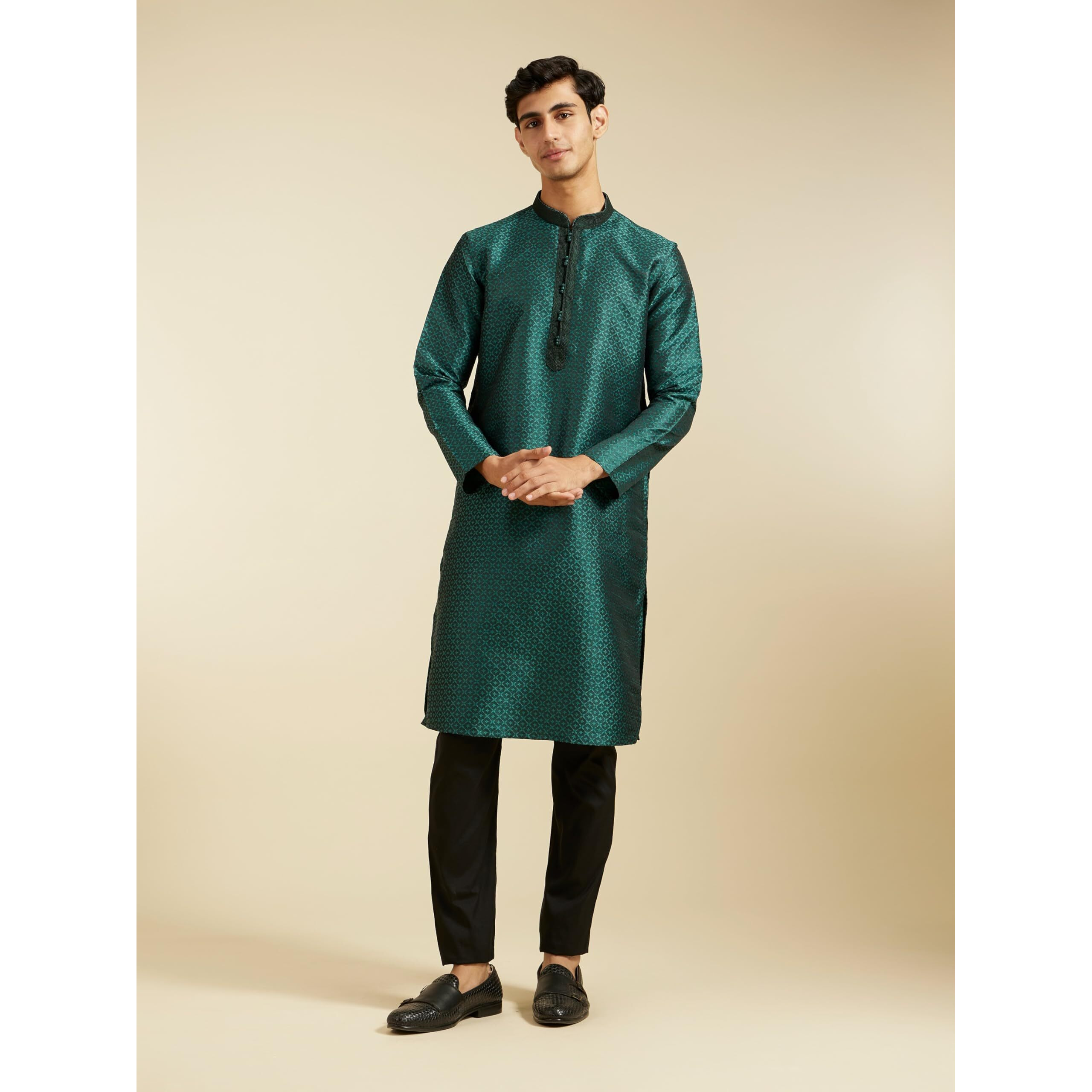 Diwas By Manyavar Men's Art Silk Self Design Kurta (Dark Green,S)