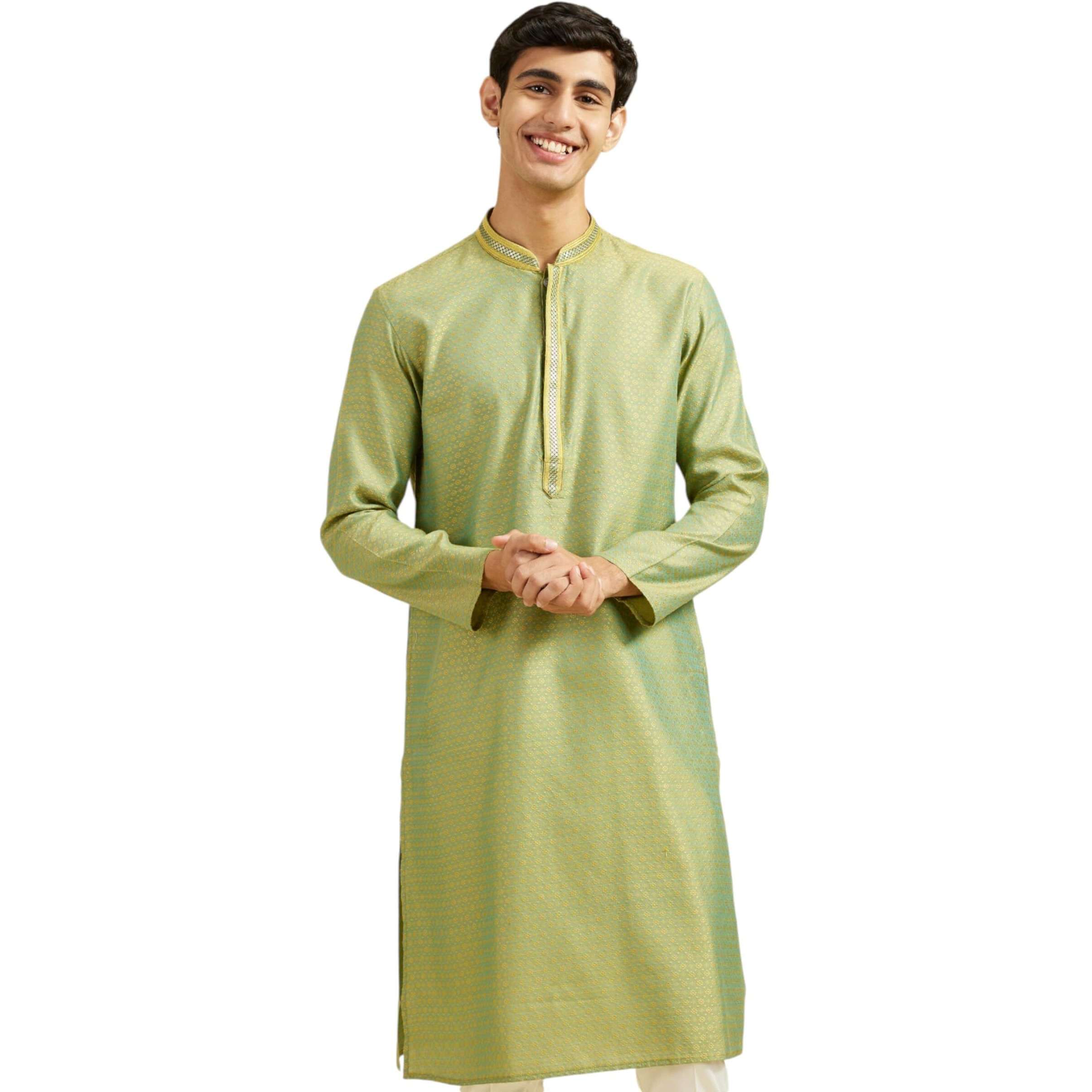 Diwas By Manyavar Men's Blended Viscose Jacquard| Self Design Kurta (Mehndi Green,M)