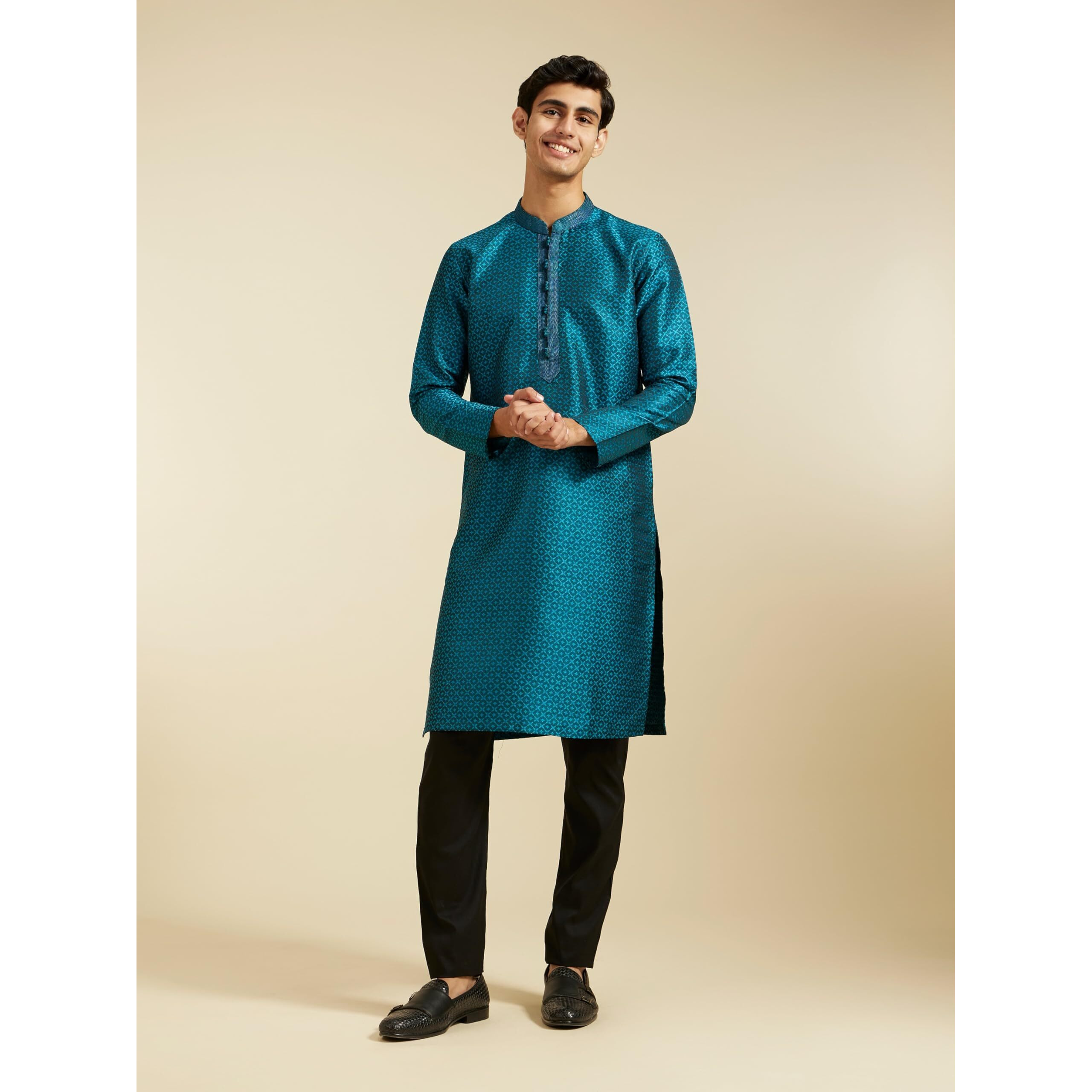 Diwas By Manyavar Men's Art Silk Self Design Kurta (Teal Blue,M)
