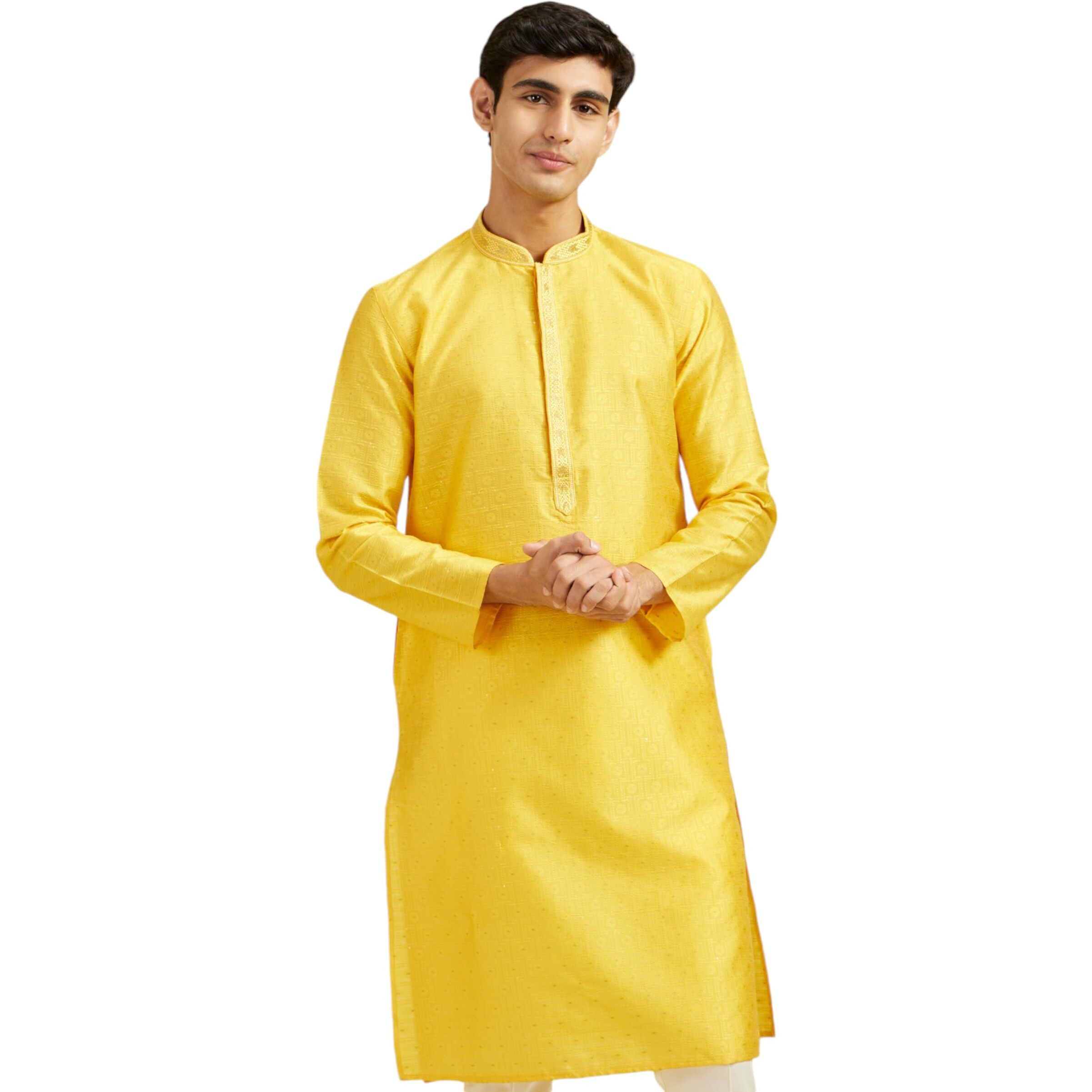 Diwas By Manyavar Men's Art Silk Thread Work Kurta (Yellow,M)