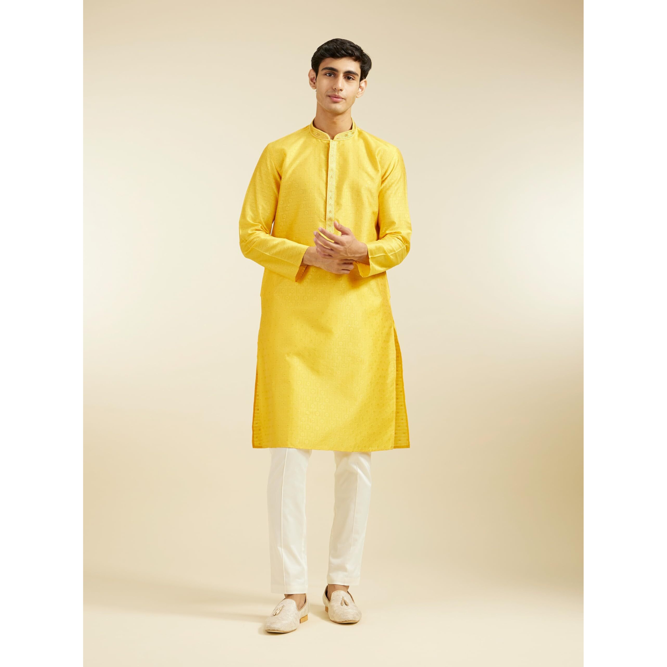 Diwas By Manyavar Men's Art Silk Thread Work Kurta (Yellow,M)