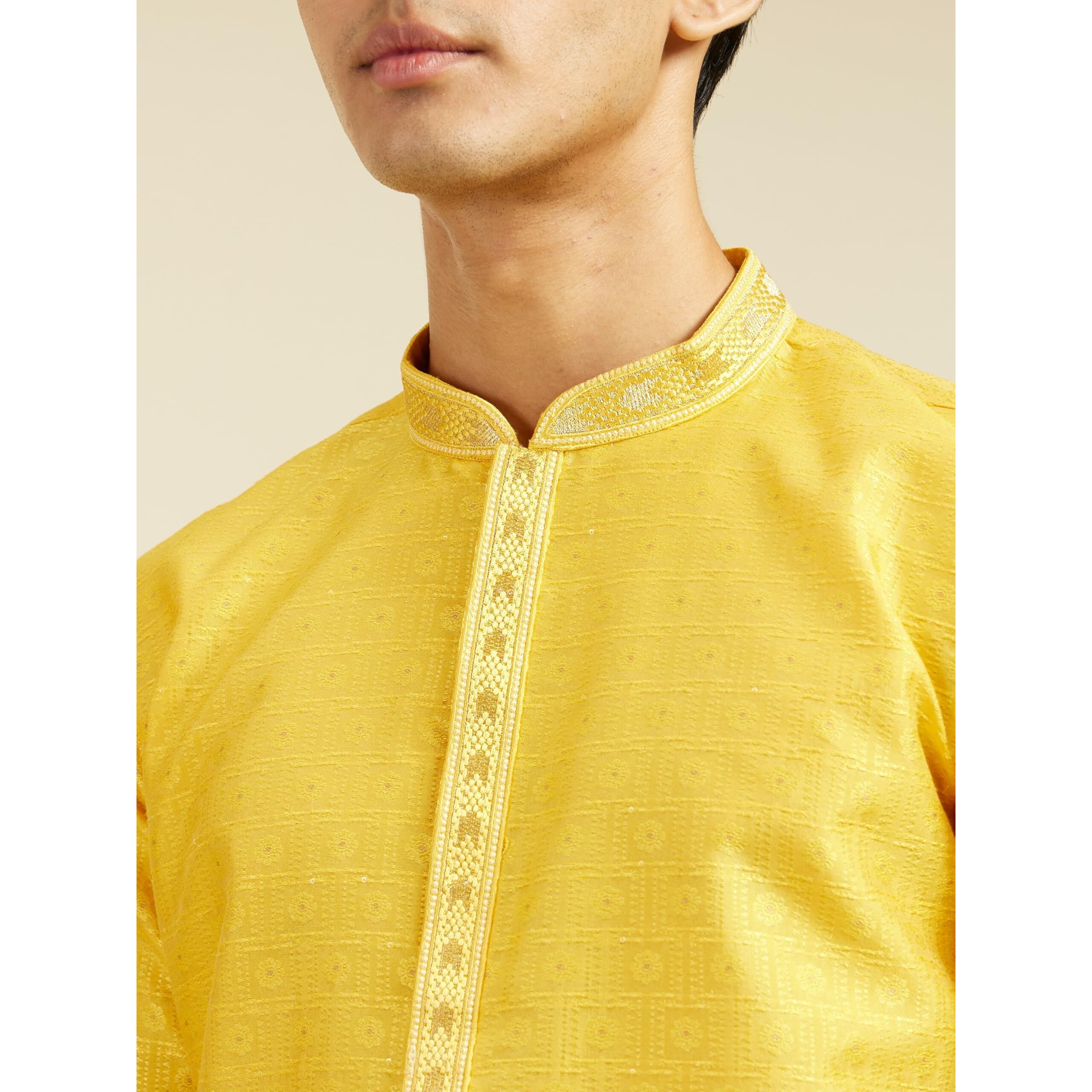 Diwas By Manyavar Men's Art Silk Thread Work Kurta (Yellow,M)