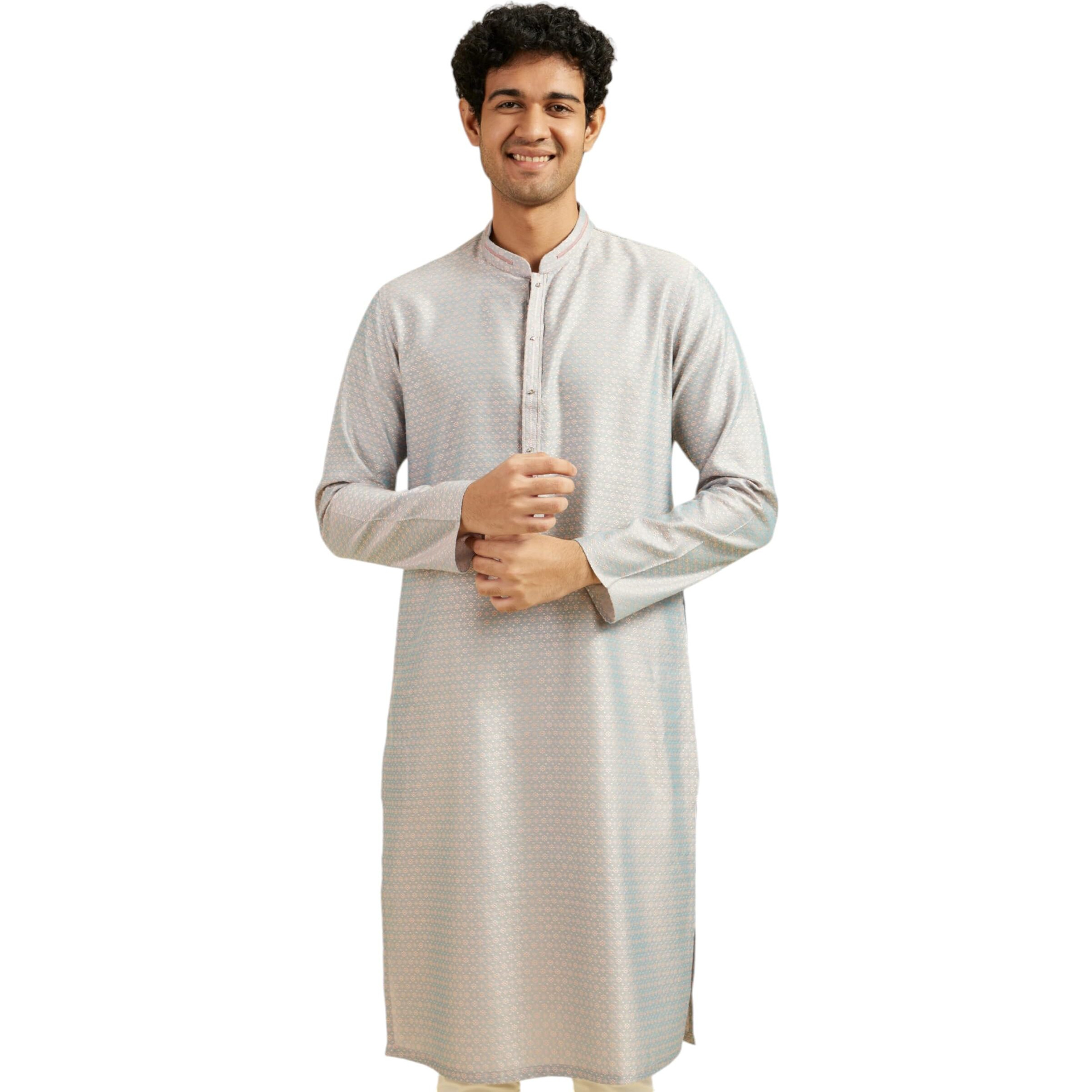 Diwas By Manyavar Men's Viscose Blend Jacquard Weave Kurta (Pink,M)
