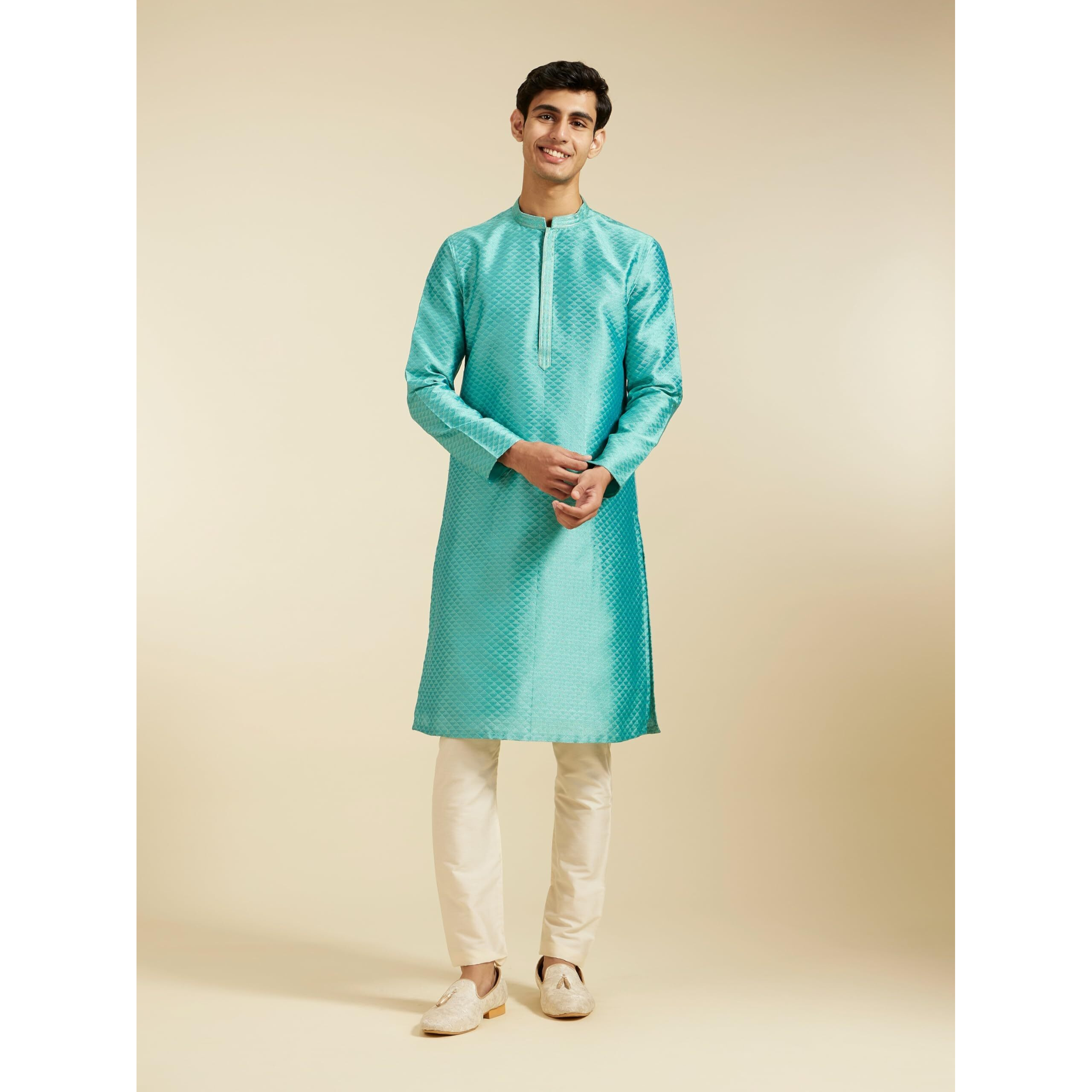 Diwas By Manyavar Men's Art Silk Self Design Kurta (Aqua Green,M)