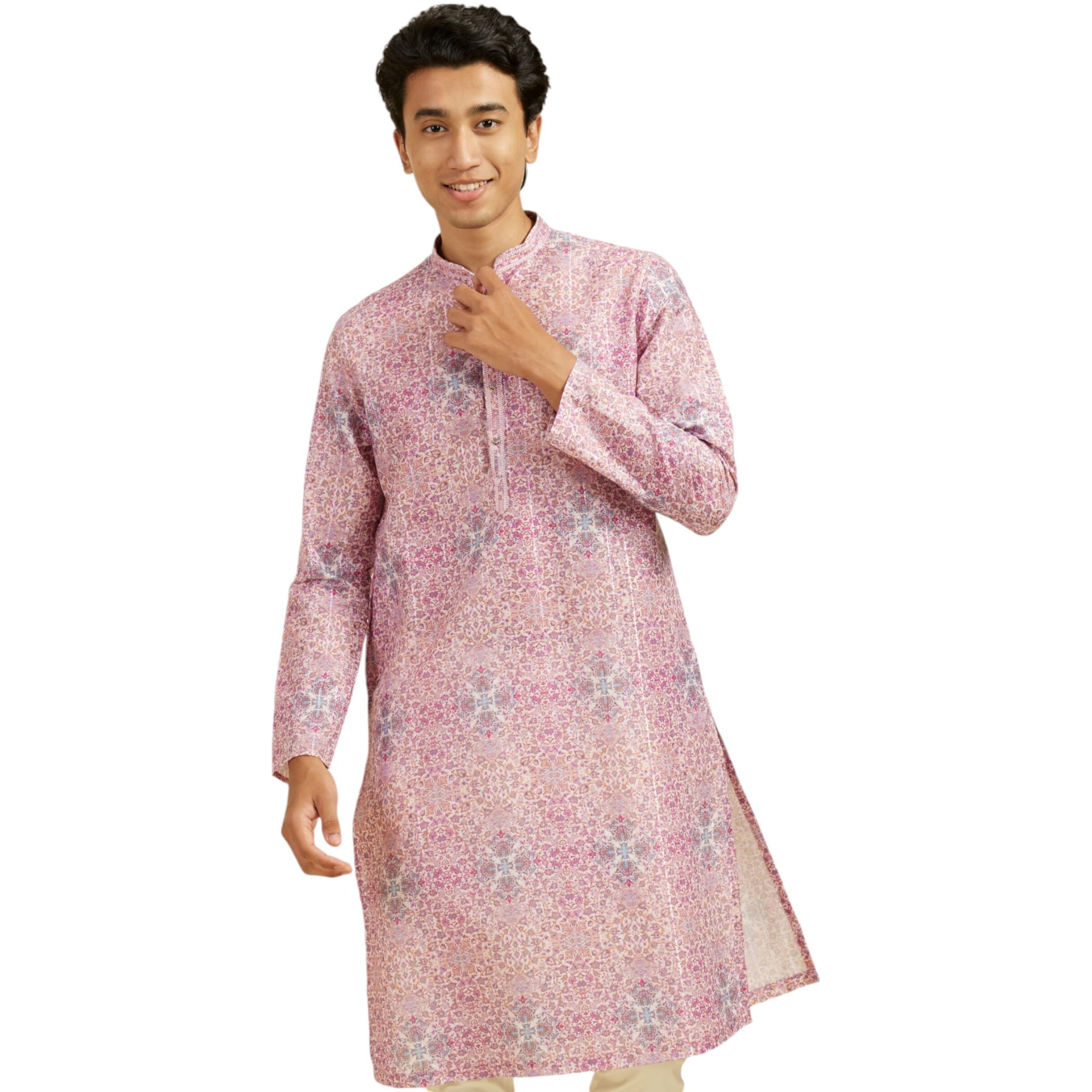 Diwas By Manyavar Men's Viscose Blend Printed Kurta (Pink,L)