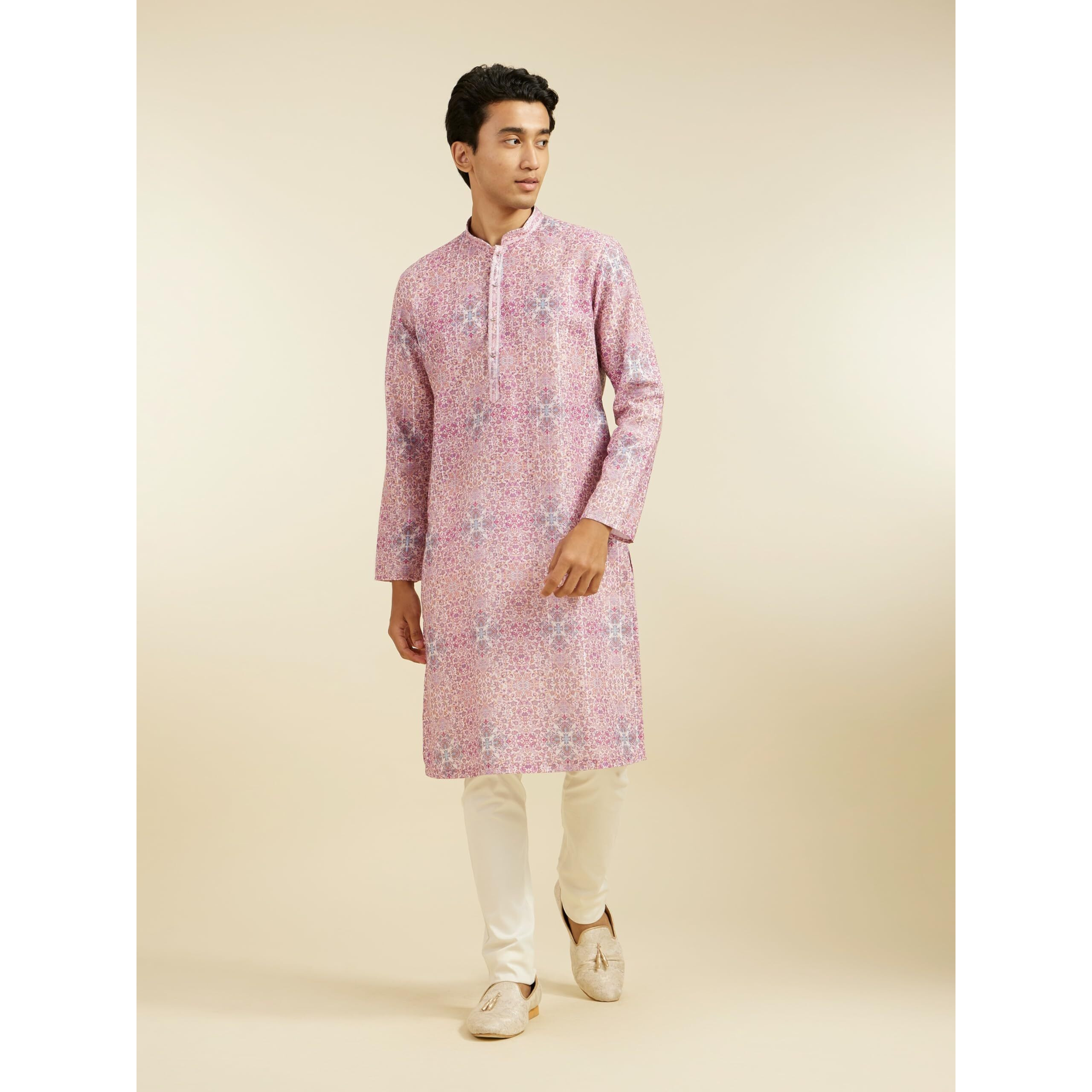 Diwas By Manyavar Men's Viscose Blend Printed Kurta (Pink,L)